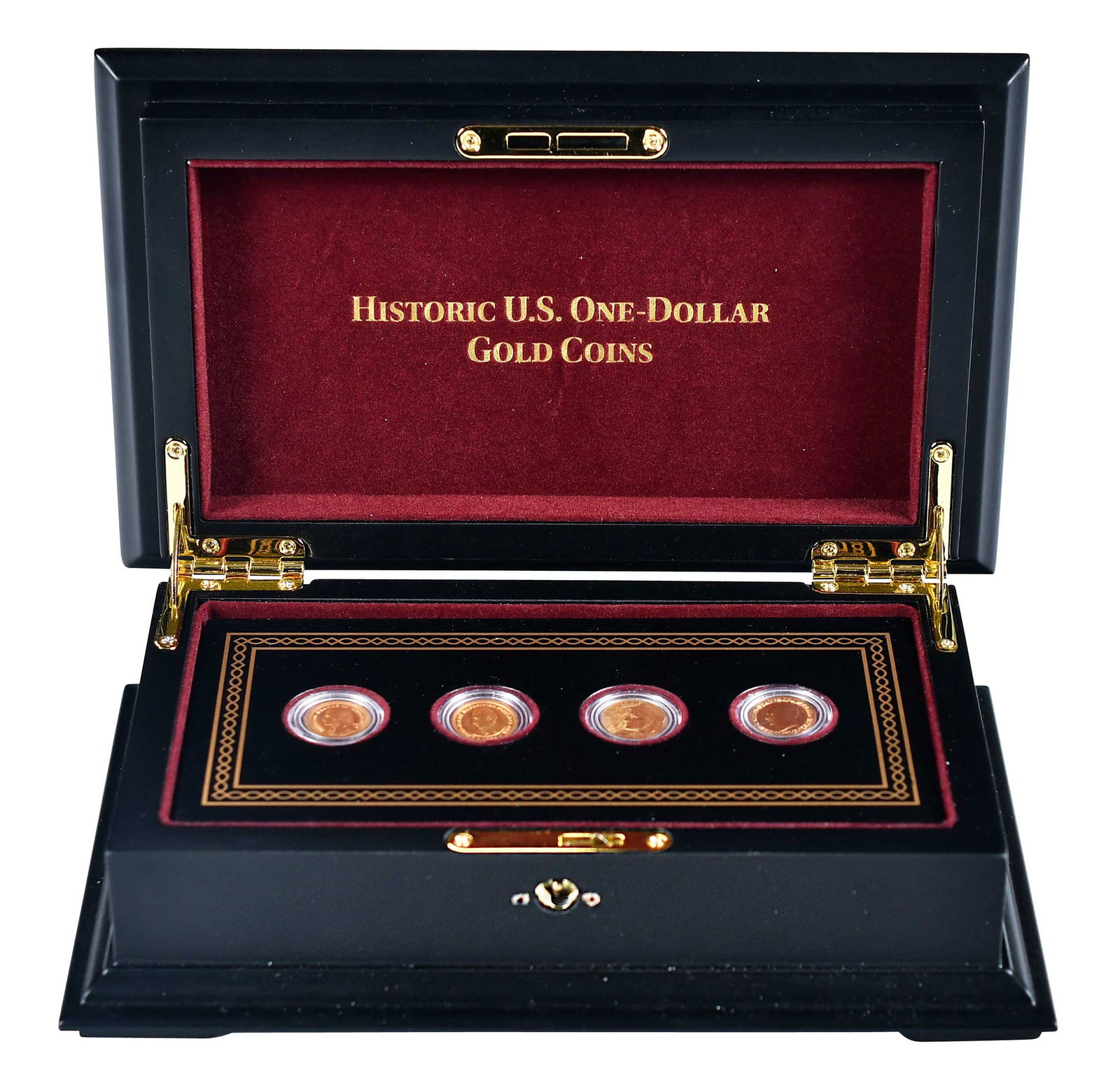 Four U.S. One Dollar Gold Commemorative Coins: 1903 Jefferson/Louisiana Purchase gold coin; 1904 Lewis and Clark gold coin; 1915 Panama Pacific gold coin; 1917 McKinley gold coin; together in wooden case Provenance: Private Collection, Lincolnton,