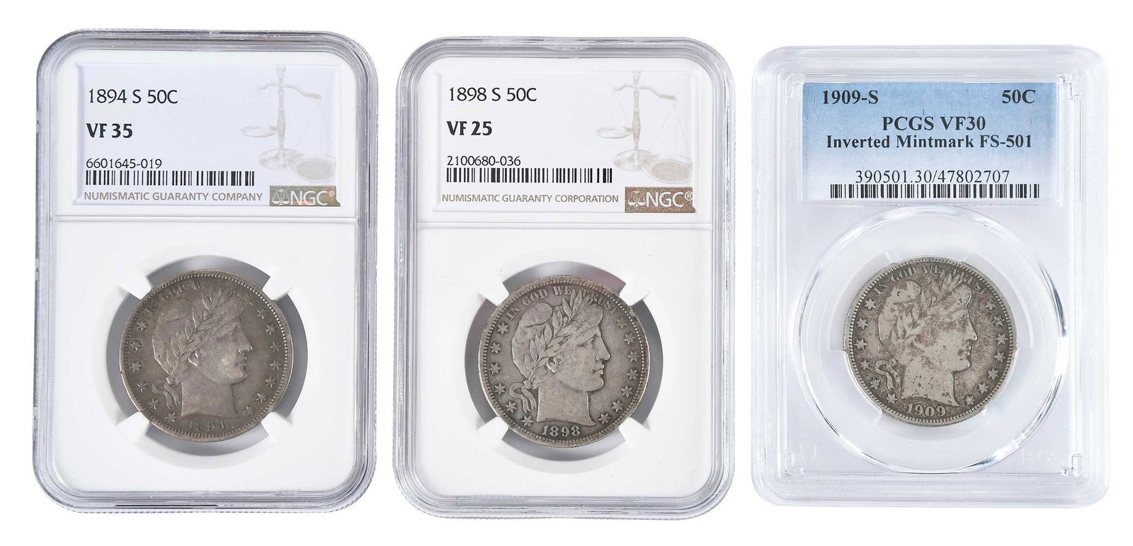 Three San Francisco Barber Half Dollars: 1894-S, 1898-S, and 1909-S with inverted mintmark Provenance: Private Collection, Lincolnton, North Carolina