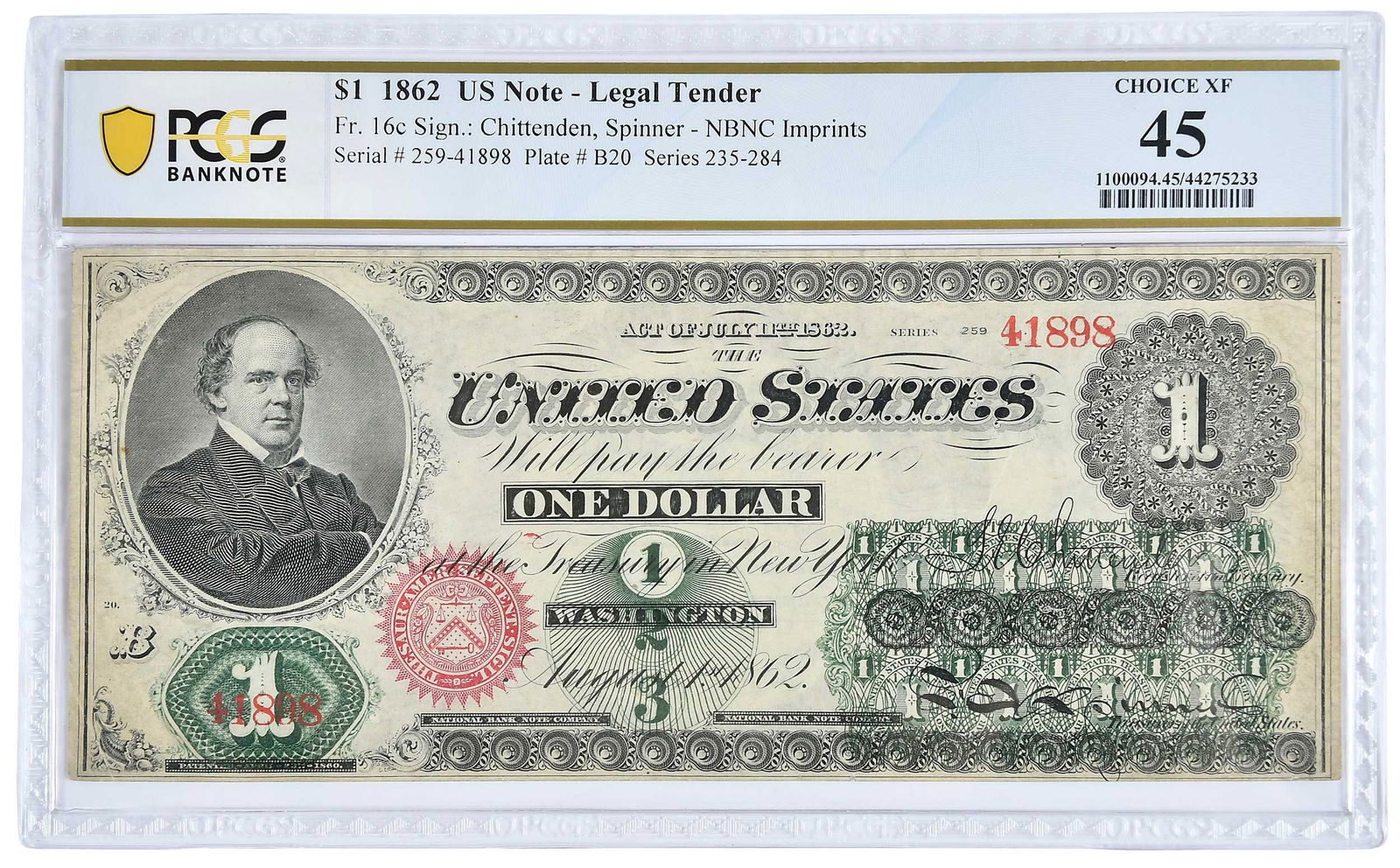 1862 $1 Legal Tender: Fr. 16c, series 259, Chittenden and Spinner signatures Provenance: Private Collection, Lincolnton, North Carolina