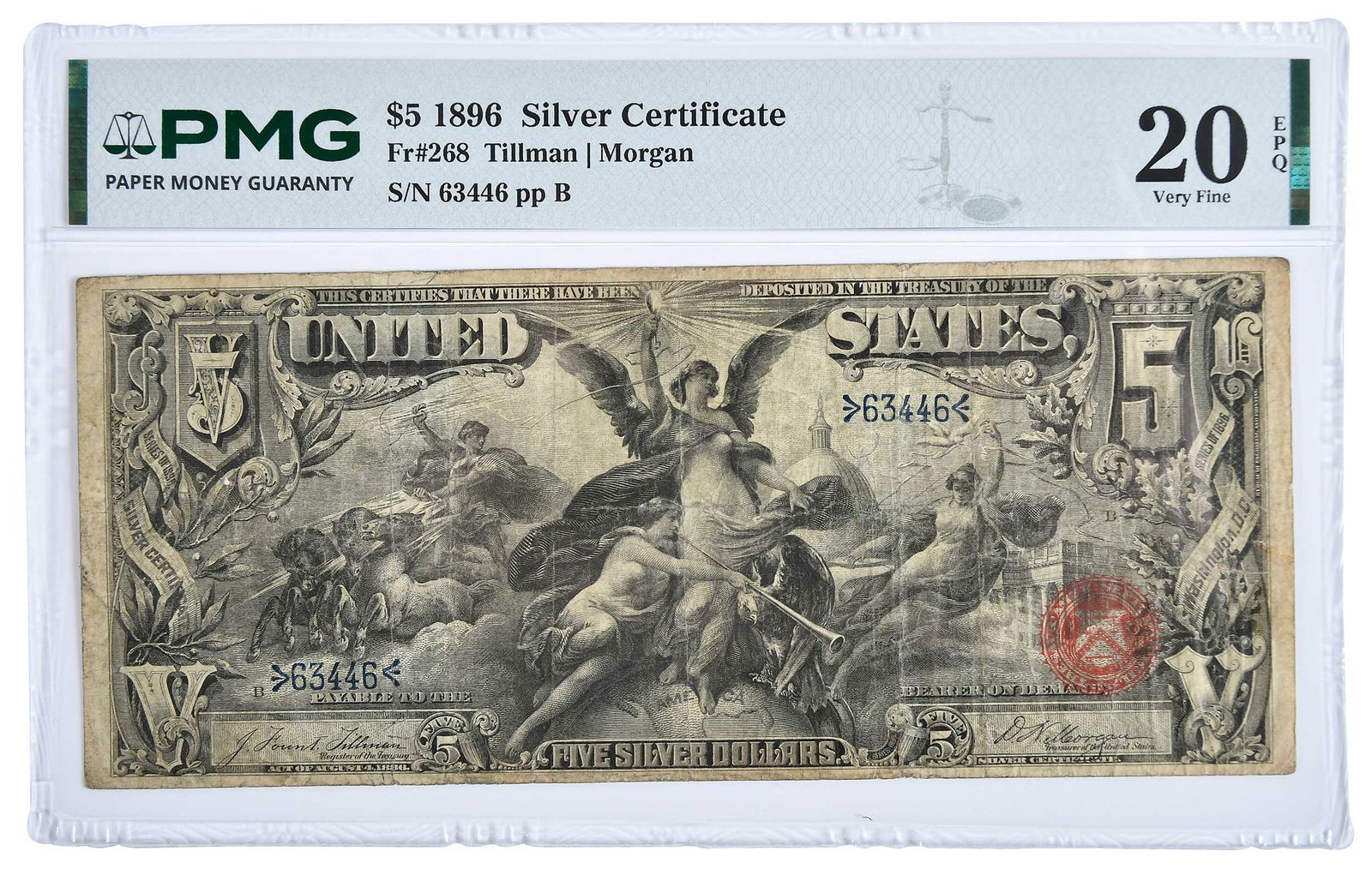 1896 Educational $5 Silver Certificate: Fr. 268, Tillman and Morgan signatures Provenance: Private Collection, Lincolnton, North Carolina