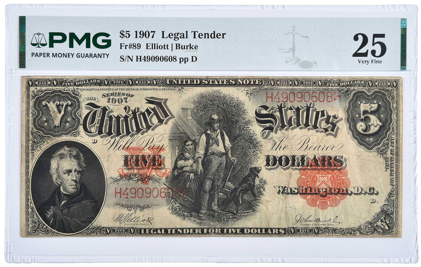 1907 Woodchopper $5 Legal Tender: Fr. 89, Elliott and Burke signatures Provenance: Private Collection, Lincolnton, North Carolina