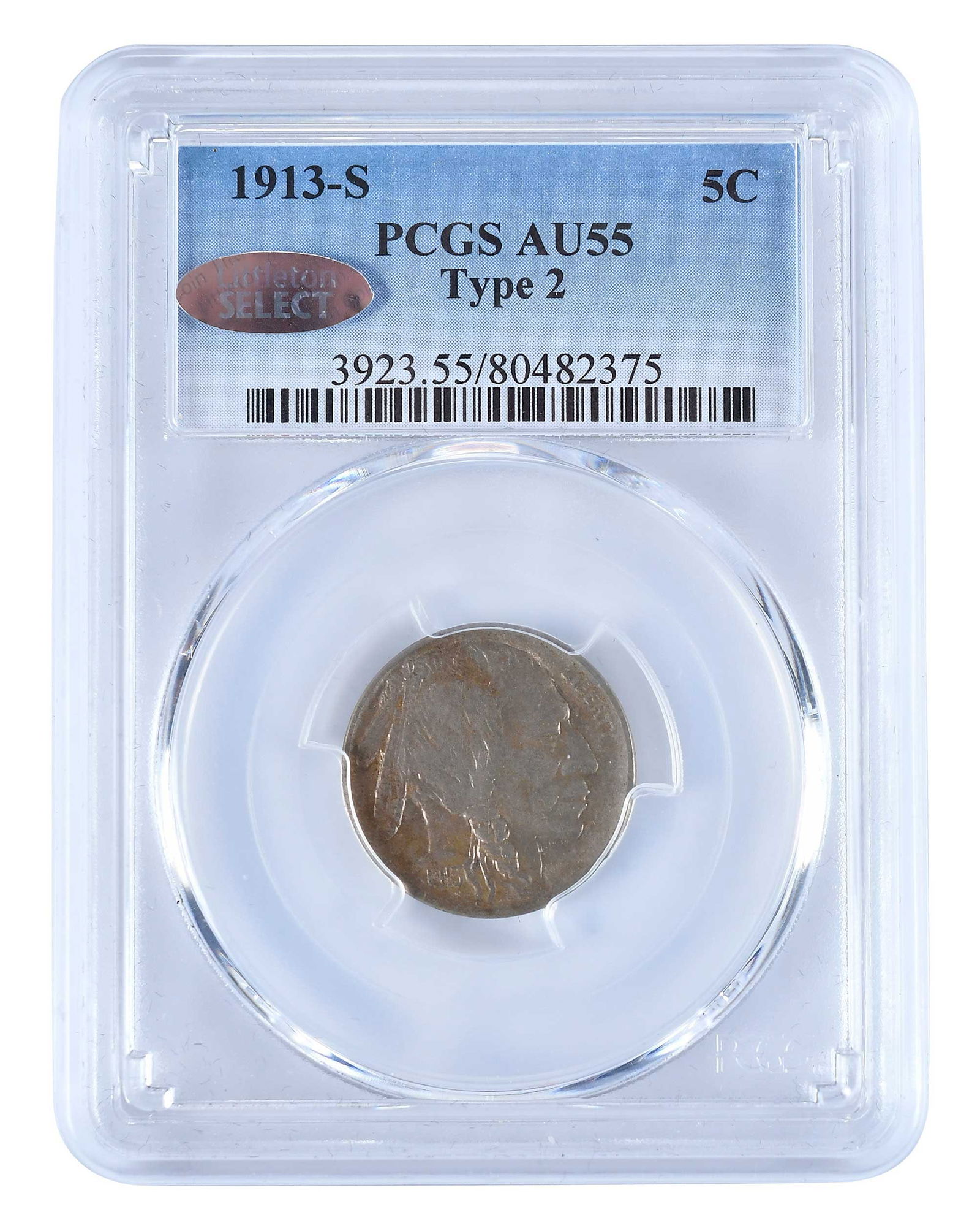 1913-S Type 2 Buffalo Nickel, Key Date: variety 2, San Francisco Mint, strong clashed die Provenance: Private Collection, Lincolnton, North Carolina