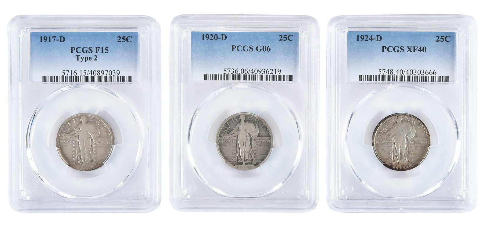 Three Denver Mint Standing Liberty Quarters, Graded: 1917-D type 2, 1920-D, and 1924-D Provenance: Private Collection, Lincolnton, North Carolina