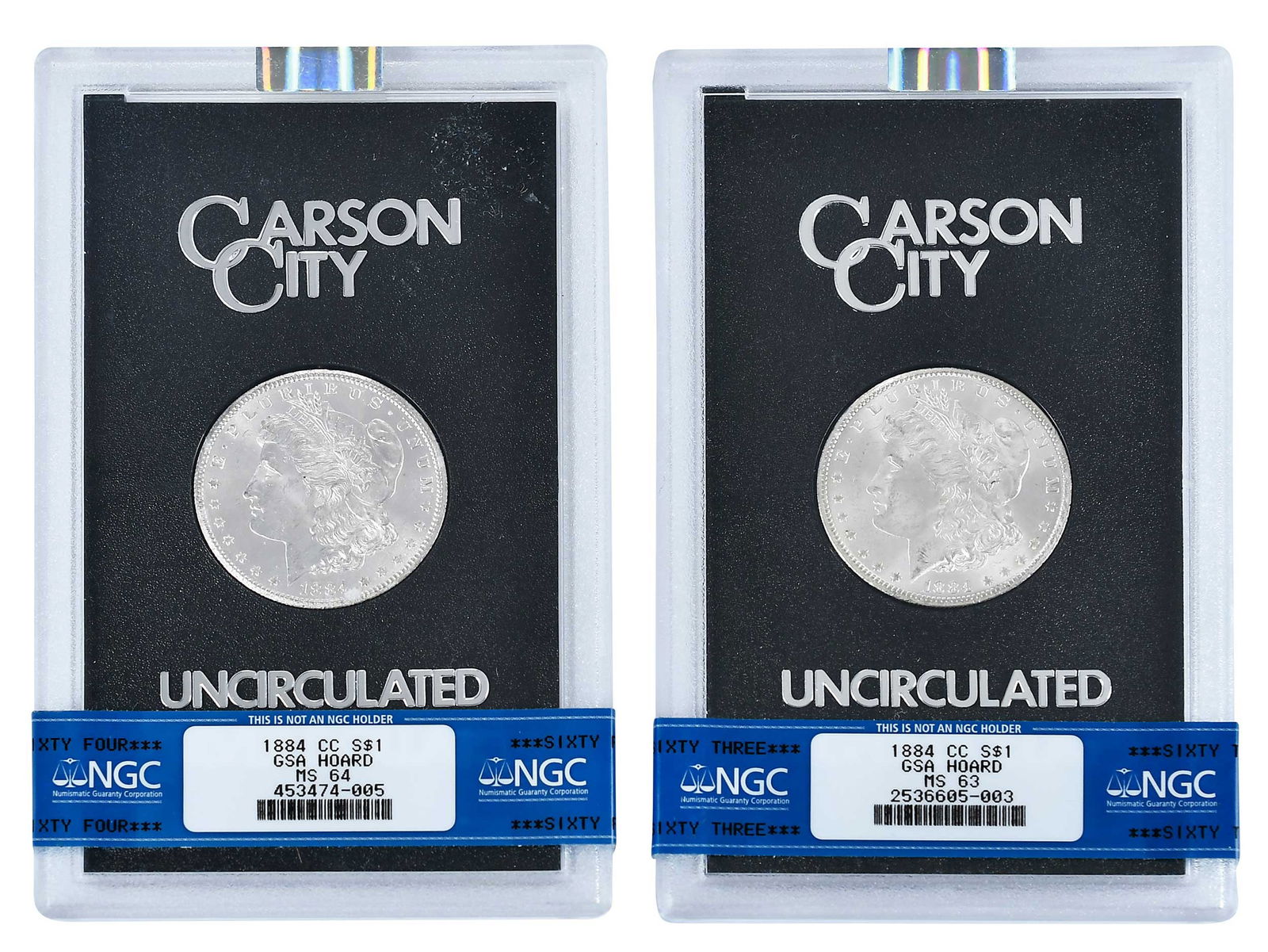 Two Graded 1884 Carson City Morgan Dollars: each graded and with a COA card Provenance: Private Collection, Lincolnton, North Carolina