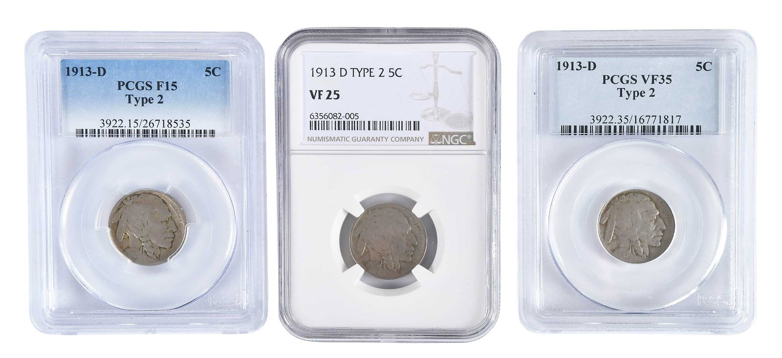 Three 1913-D Type 2 Buffalo Nickels, Various Grades: Denver Mint, all three are the scarcer variety 2 Provenance: Private Collection, Lincolnton, North Carolina