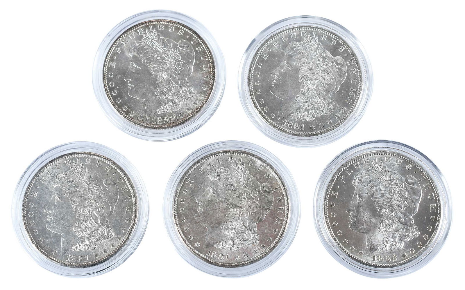 20 Morgan Dollars in Capsules, Uncirculated: dates from 1879 to 1882, assorted mintmarks Provenance: Private Collection