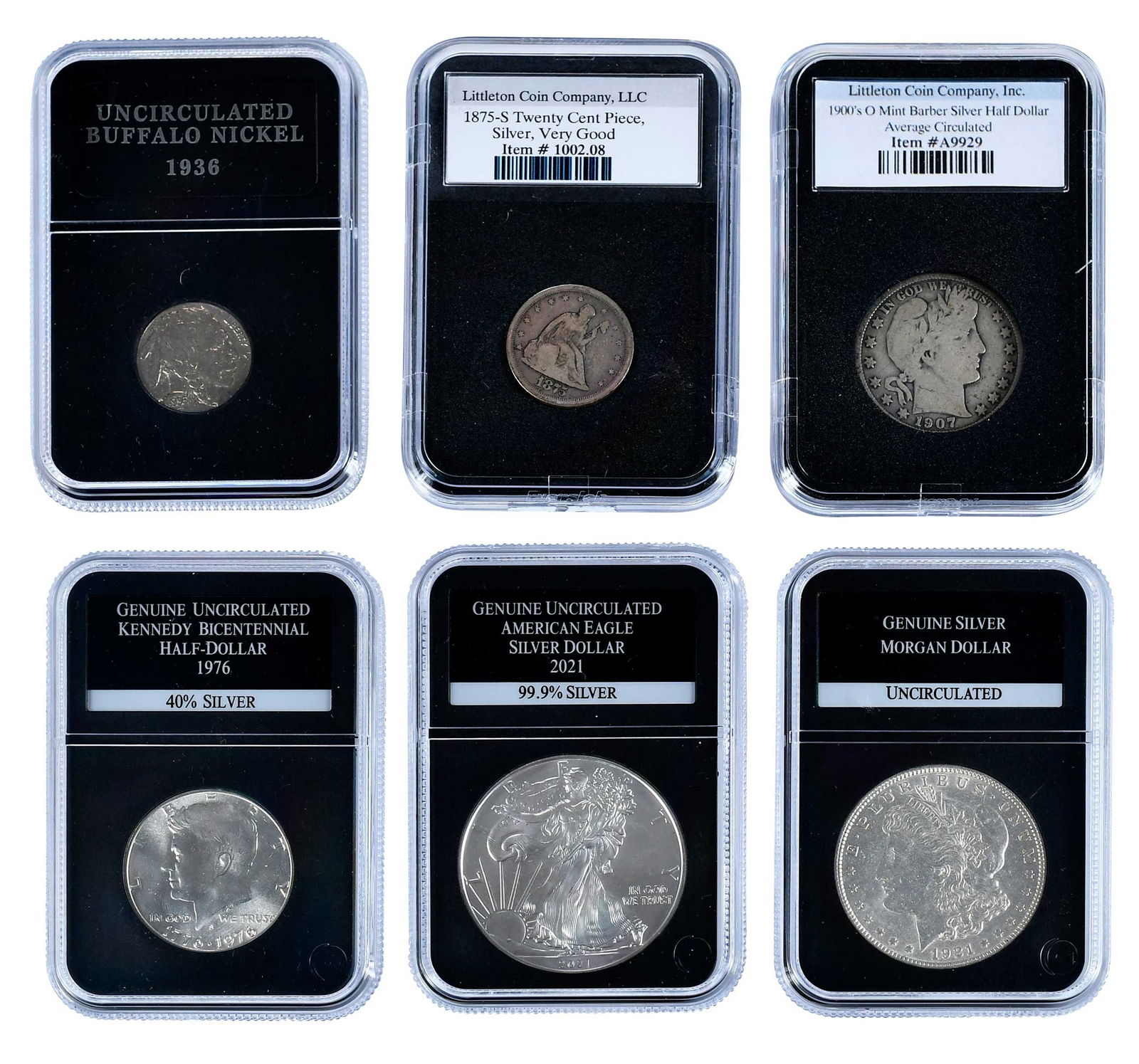 Group of Mostly Silver U.S. Coins: 17 total coins in Littleton or PCS "mail order" holders: 1936 and 1937 buffalo nickels; 1875-S twenty cent piece; 1907-O Barber half dollar; 2020 and 2021 American Silver Eagles; 1964, 1965, 1966, 196