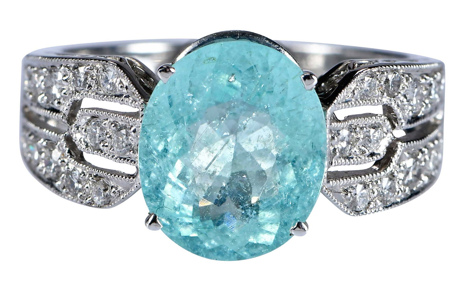 14kt. Paraiba Tourmaline and Diamond Accented Ring: oval faceted paraiba tourmaline, approx. 3.00ct., accented with round full cut diamonds, approx. 0.40ctw., marked "14K, 585, D041", white gold, 7-1/2 ring sz., 5.1 g Provenance: Estate of Linda Sargen