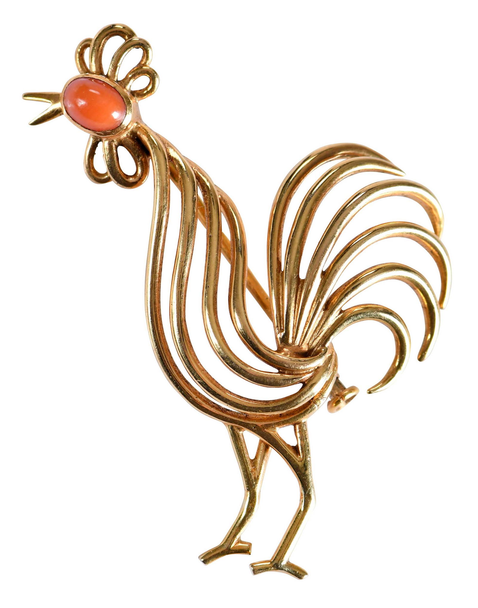 18kt. Vintage Wire Rooster with Coral Brooch: oval cut cabochon coral, high polish, tested 18kt. yellow gold, 1-7/8 in. length, 8.4 g Provenance: Private Asheville, North Carolina Collection Note: Brunk Auctions does not guarantee the accuracy of