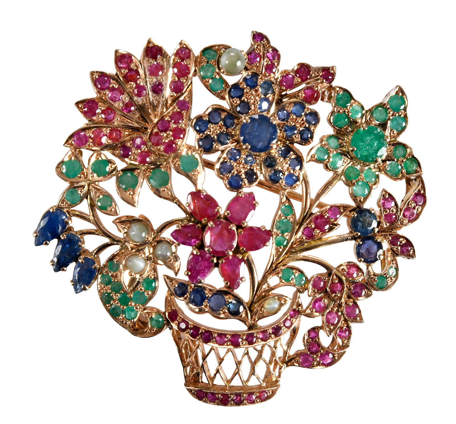 14kt. Floral Basket Brooch with Blue Sapphire, Ruby and Emeralds (1 of 6)