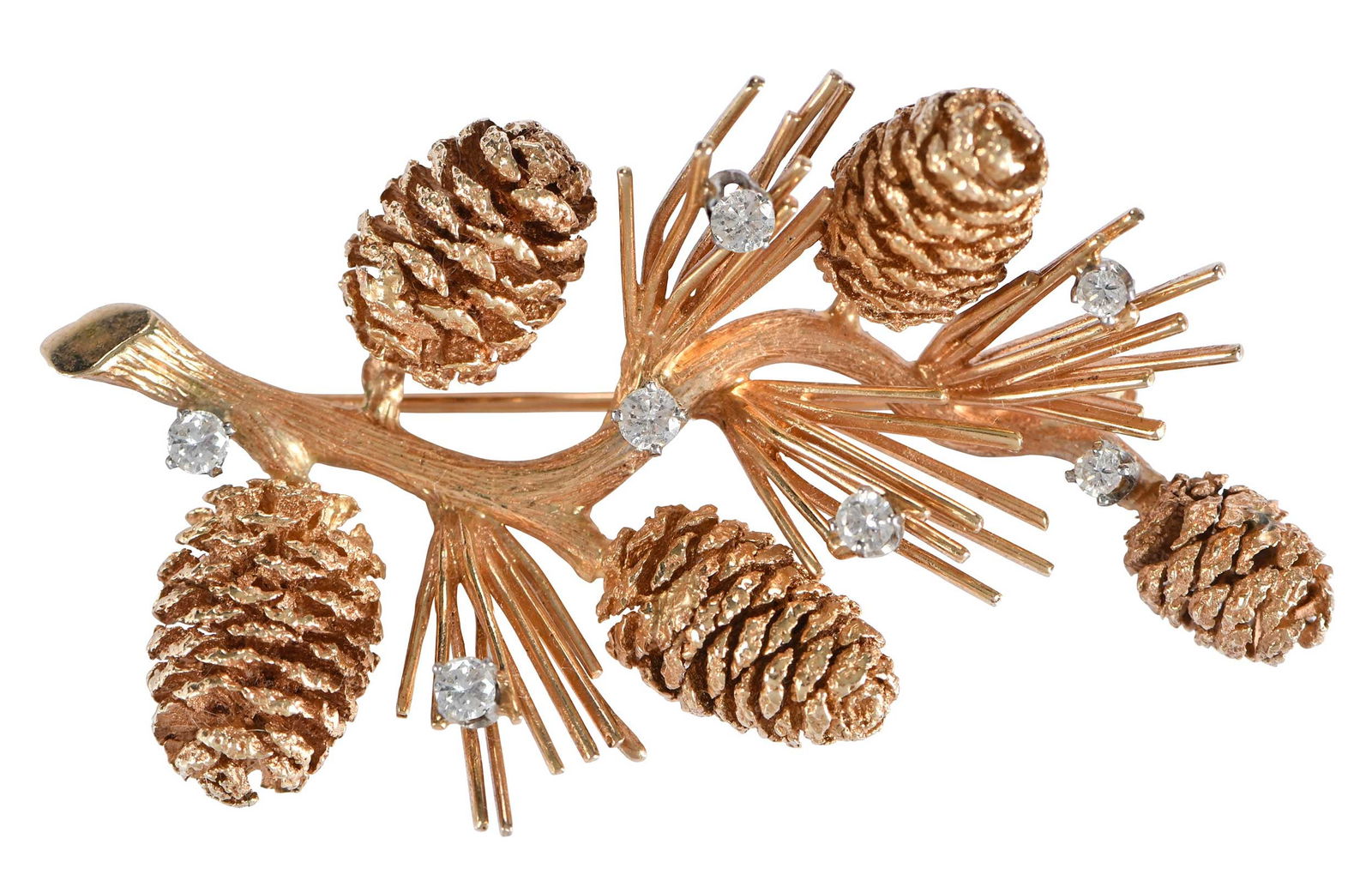 14kt. Pinecone Branch with Diamond Brooch: seven round full cut diamonds, textured finish, marked "14K", yellow gold, 2-3/8 in. length, 1-1/2 in. at widest area, 25.4 g Provenance: Private Collection Note: Brunk Auctions makes no warranty or g