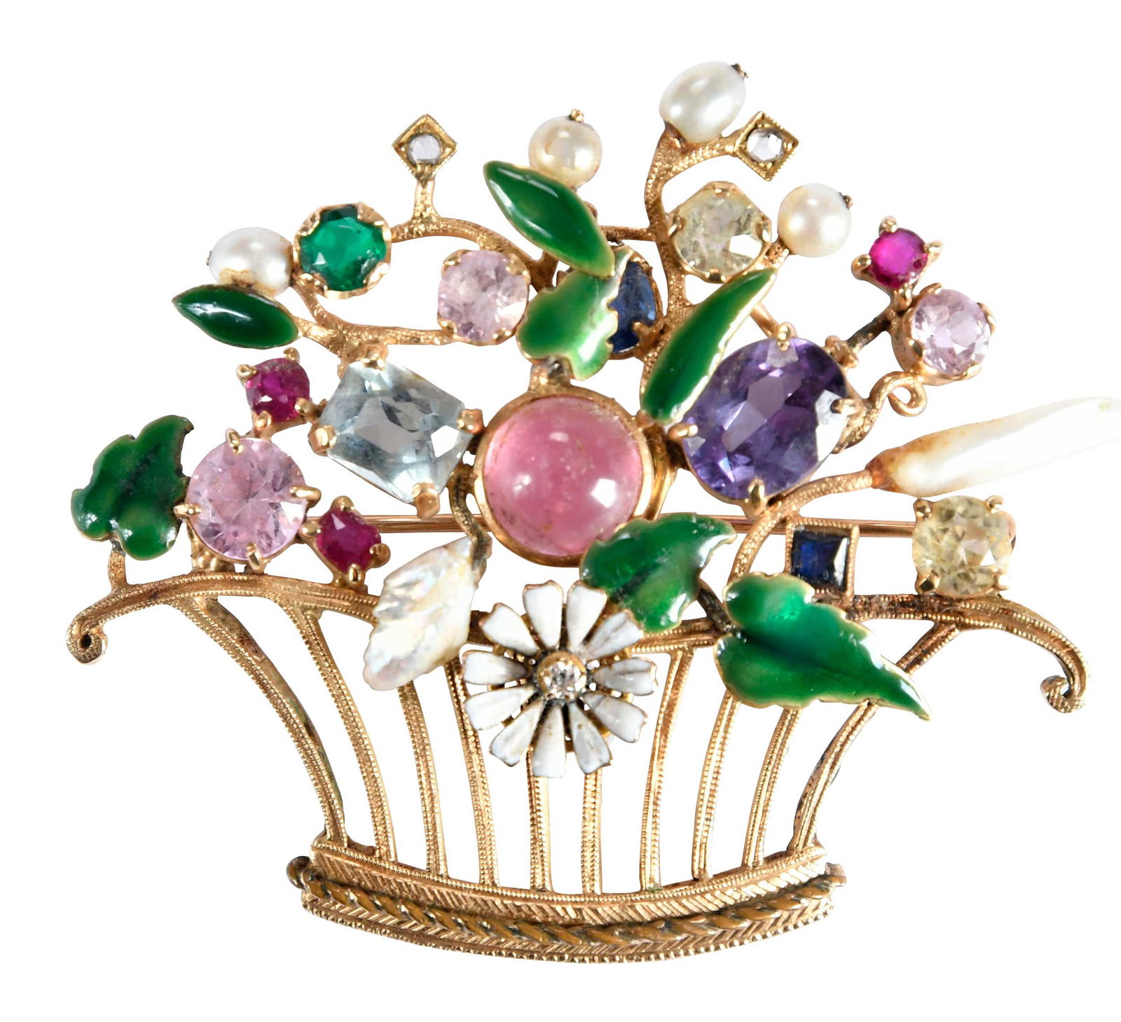 14kt. Vintage Floral Basket Brooch with Multicolored Sapphires, Pearls, and Enamel: round faceted and cabochon cut multicolored sapphires, rubies, and aquamarines, white and green enamel, six baroque and round pearls, round single cut diamonds, test 14kt. yellow gold, 2 in. length, 2