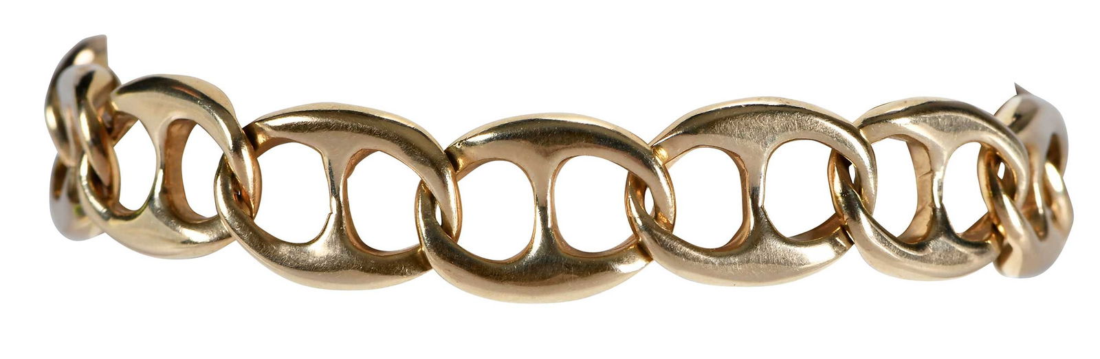 14kt. Gold Mariner Link Men's Bracelet: high polish, marked "14K, PAT5309616", yellow gold, 8-1/2 in. length, 14.0mm width, 55.3 gProvenance: Private CollectionNote: Brunk Auctions does not guarantee the accuracy of metal content or