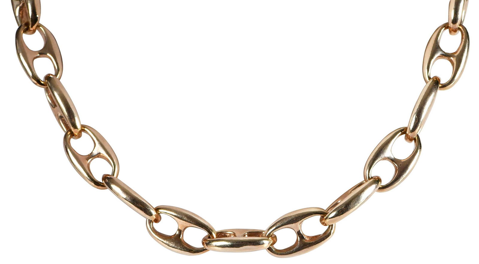 14kt. Solid Mariner Link Chain: high polish, marked "14K", yellow gold, 22 in. length, 11.0mm width, 134.4 g Provenance: Private Collection Note: Brunk Auctions does not guarantee the accuracy of metal content or purity. All referen