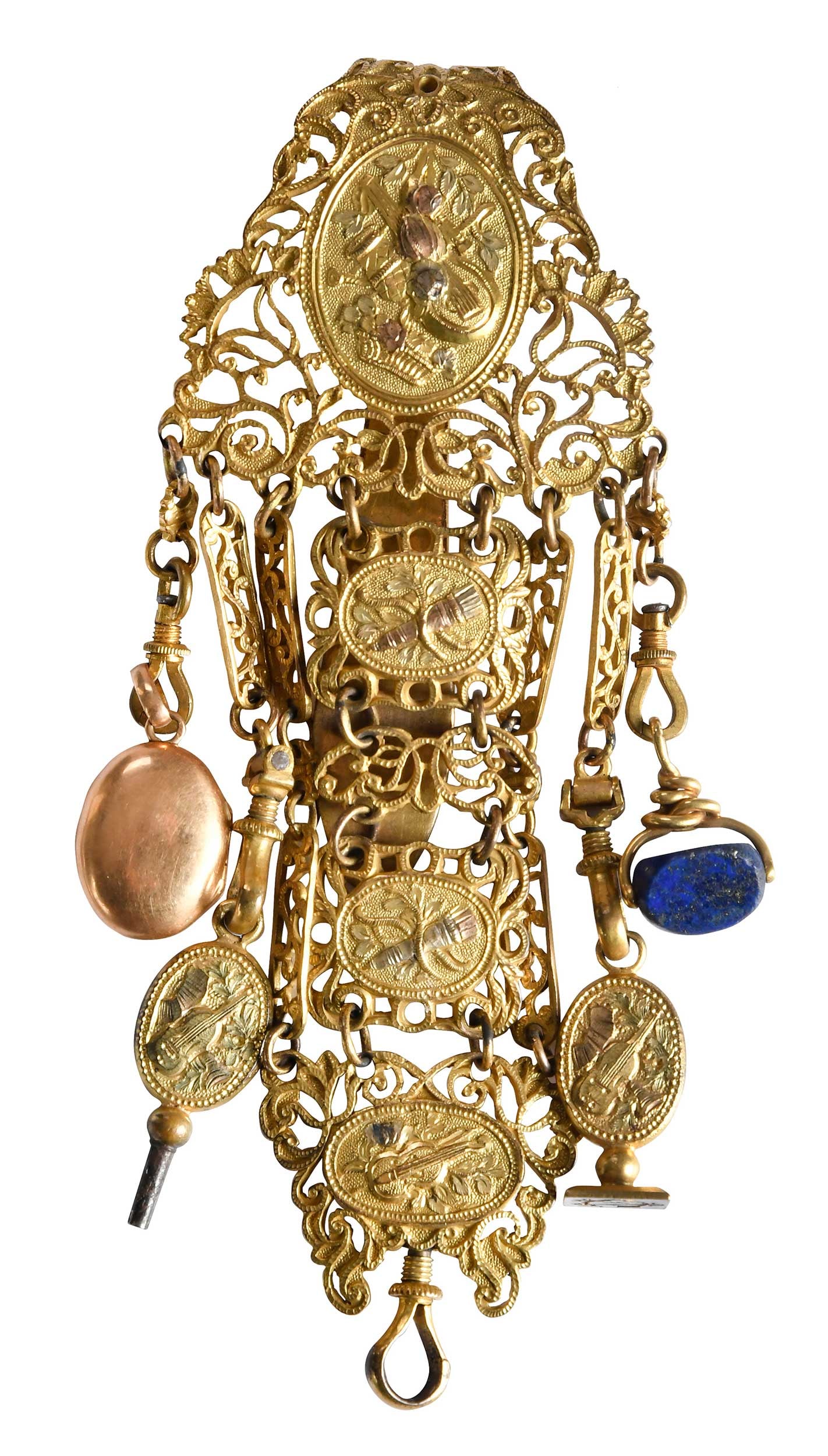 Victorian Belt Clip Chatelaine with Leather Case: three sided lapis lazuli fob, initials carved "CD", seal engraved initials "CV", oval locket with photo, tests 18kt. rose gold, key, area test 14kt. yellow gold, clip on back, repousse and filigree