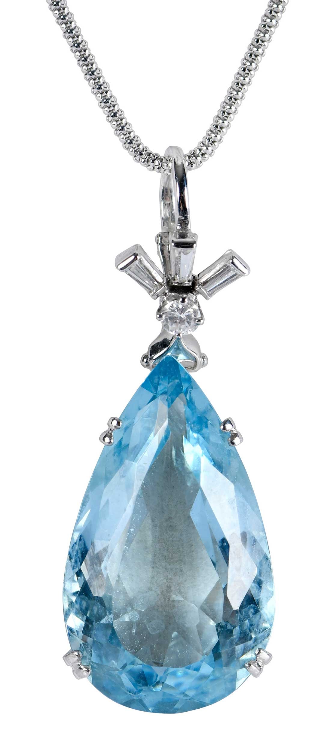 14kt. Large Pear Shape Aquamarine with Diamond Pendant on Chain: faceted pear cut aquamarine drop, approx. 38.00ct., one round full cut diamond, three tapered baguette cut diamonds, aquamarine is set in tested 18kt. white gold, omega bale and diamonds are set in