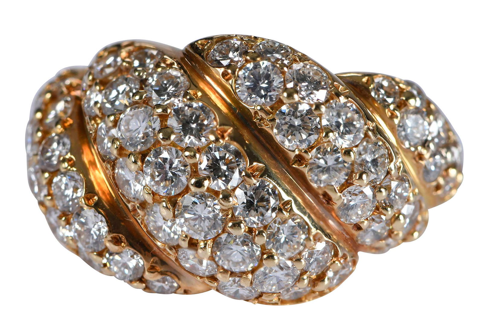 18kt. Diamond Dinner Ring: 59 round brilliant cut diamonds, approx. 4.00ctw., VS, E-F, marked "18K, P", yellow gold, 5-1/2 ring sz., 10.9 g Provenance: Private Collection Note: Accompanied by an appraisal. Brunk Auctions makes