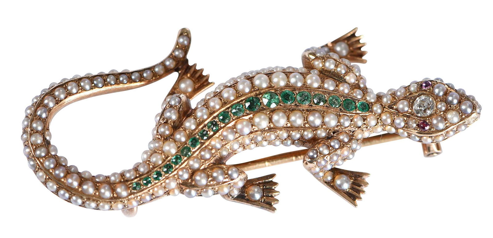 14kt. Lizard Brooch Pendant Accented with Pearls, Emeralds, Rubies, and Diamond: encrusted body with seed pearls, a row of 19 round faceted emeralds, graduating in size, two round cabochon cut ruby eyes, one old European cut diamond, marked "14K", yellow gold, 1-7/8 in. length, 12