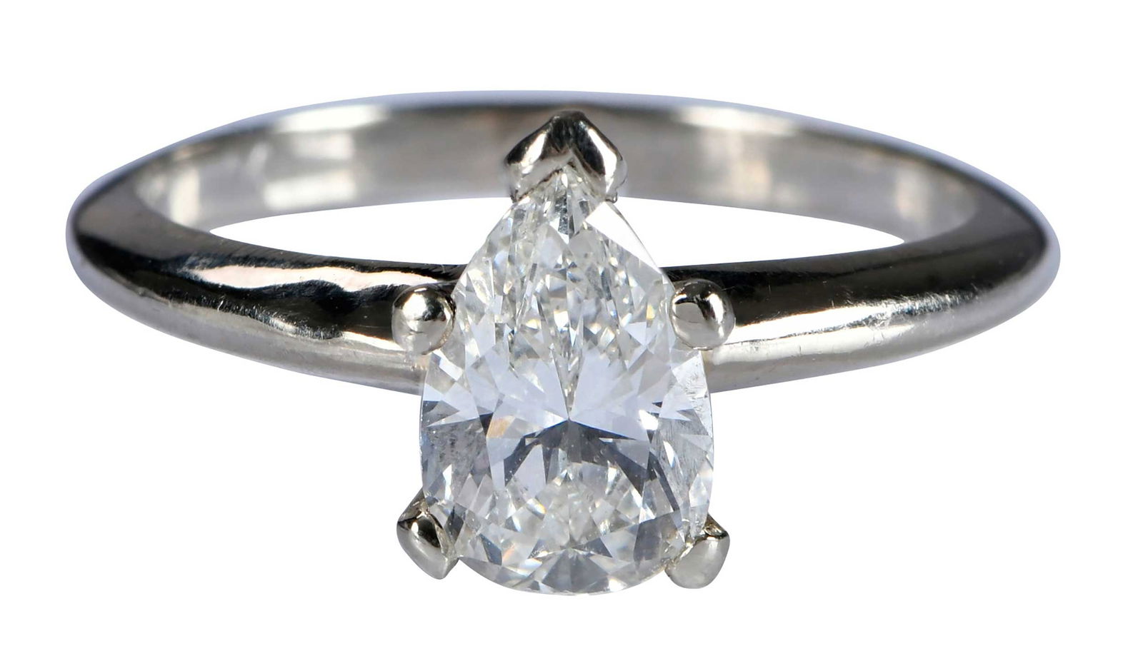 14kt. Solitaire Pear Shape Diamond Ring: pear cut diamond, approx. 1.25ct., VS, I-J, marked "14K", white gold, six prong, 6 ring sz., 2.9 gProvenance: Estate of Linda Sargent Thompson, Historic Sesame Lodge, North Augusta, South