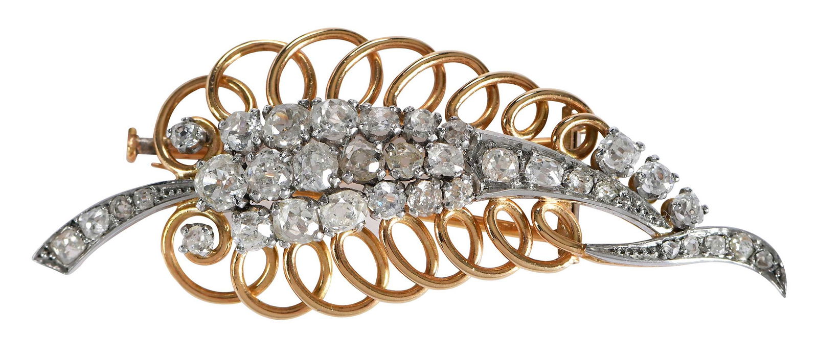 18kt. Antique Leaf Design and Old Cut Diamond Fur Brooch: 33 Old Mine cut diamonds, tested 18kt. yellow gold, marked "JEPSOF", diamonds are set in white gold, 2-1/2 in. length, 7/8 in. wide, 13.6 gProvenance: Private Asheville, North Carolina
