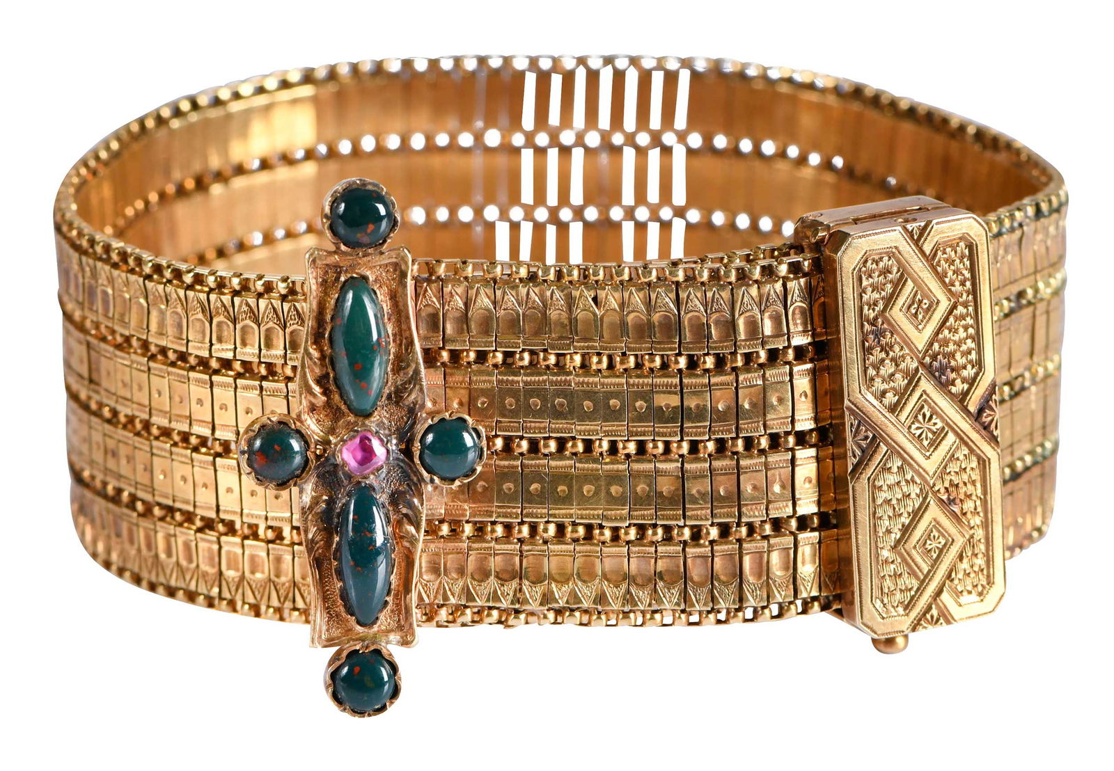 18kt. Multi Mesh Bracelet with Blood Stone Accents: six cabochon cut bloodstones, round faceted ruby, tests 18kt. yellow gold, 10 in. length, 26mm wide, adjustable to any length with engraved decorative box clasp, 66.4 gProvenance: Private Asheville,