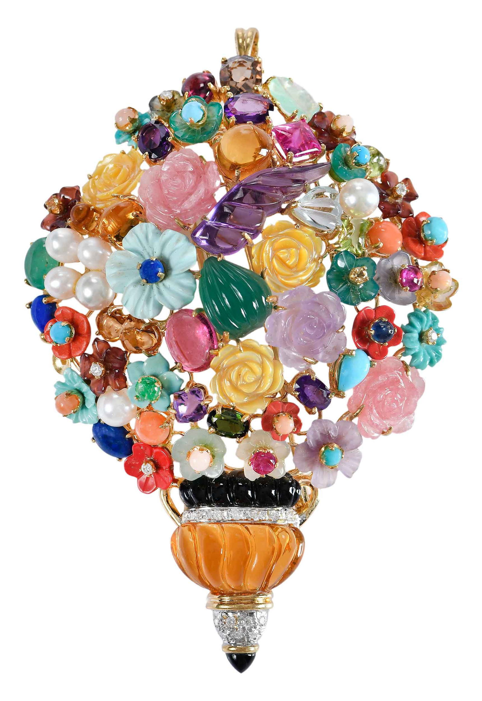 18kt. Ornate Carved Multi Gemstone Floral Basket Fur Brooch: floral carved gemstones, amethyst, mother of pearl, torquiose, coral, chrysoberyl, oval and round faceted and cabochon cut multi colored gemstones, ruby, amethyst, peridot, smoky quartz, citrine,