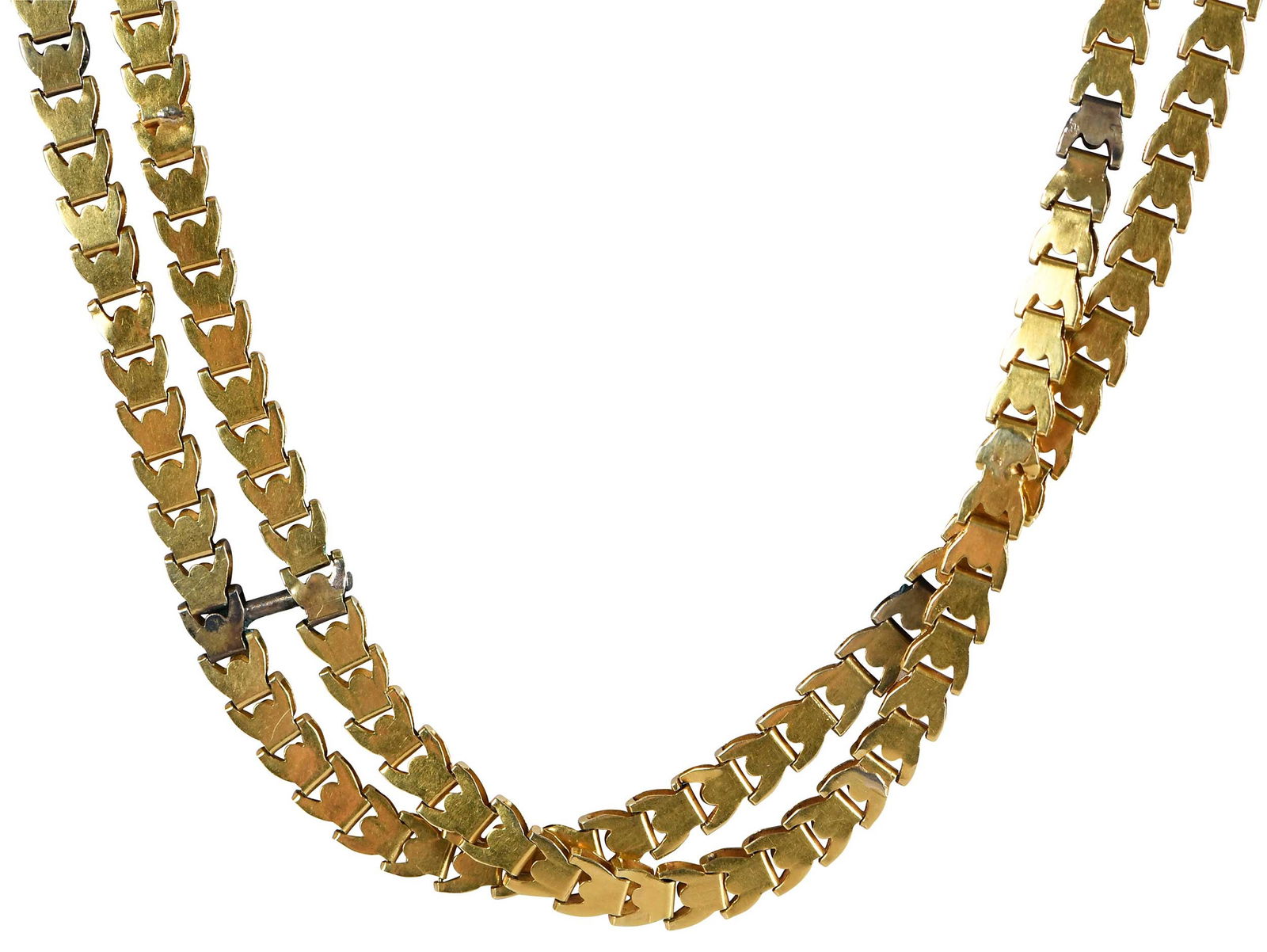 22kt. Double Strand Fancy Link Necklace: high polish, tests 22kt. yellow gold, 19-1/2 in. length, 9.0mm total width, 20.0 gProvenance: Private Asheville, North Carolina CollectionNote: Brunk Auctions does not guarantee the accuracy of metal