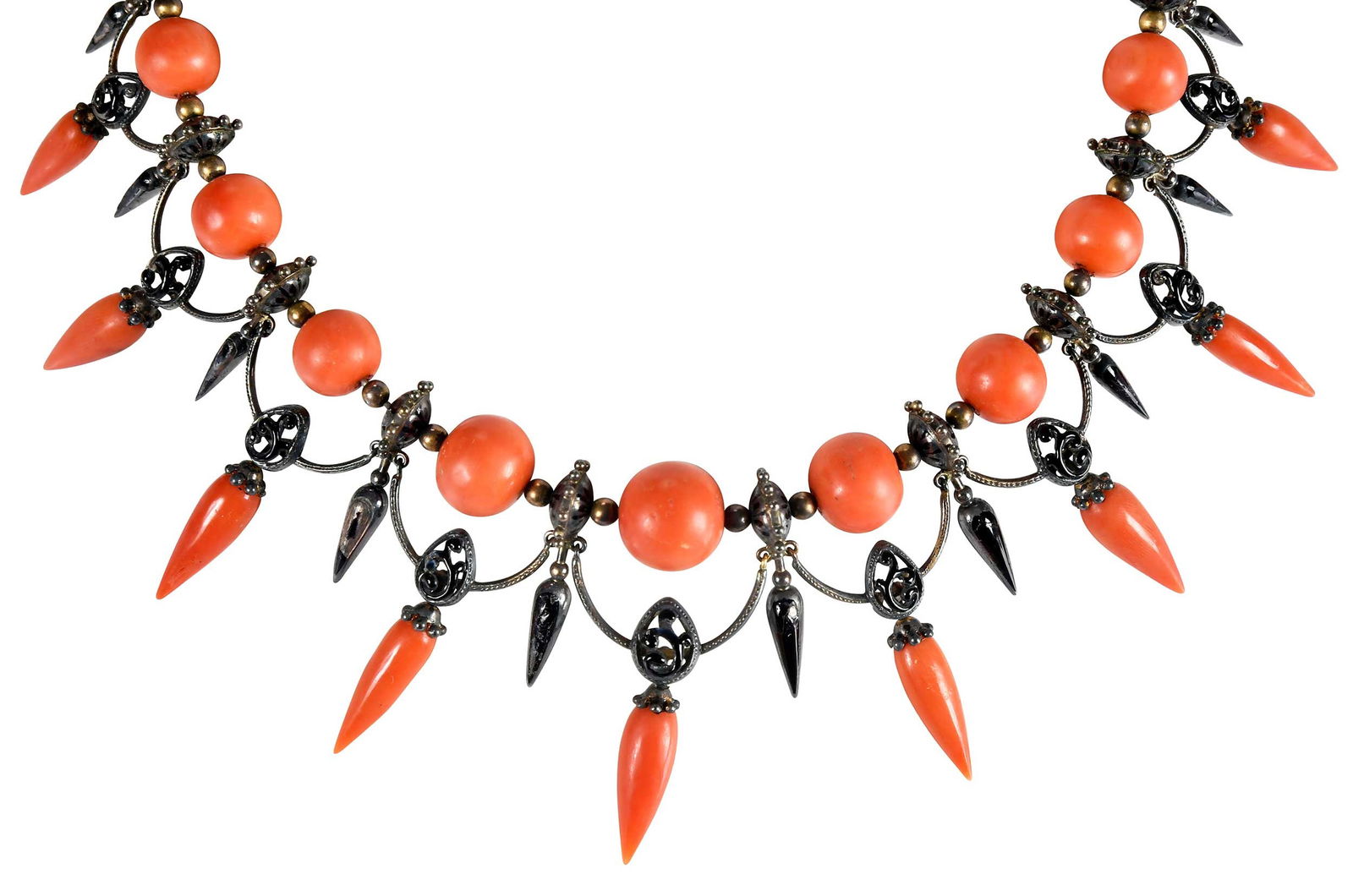 Victorian Coral and Black Enamel Collar Necklace with Leather Box: hand cut picket shaped coral, picket shaped black enamel, interspersed with round coral beads, graduating in size 13.0mm - 8.5mm, possibly 800 gilt silver with parts testing 12kt., gold, 15-1/2 in.