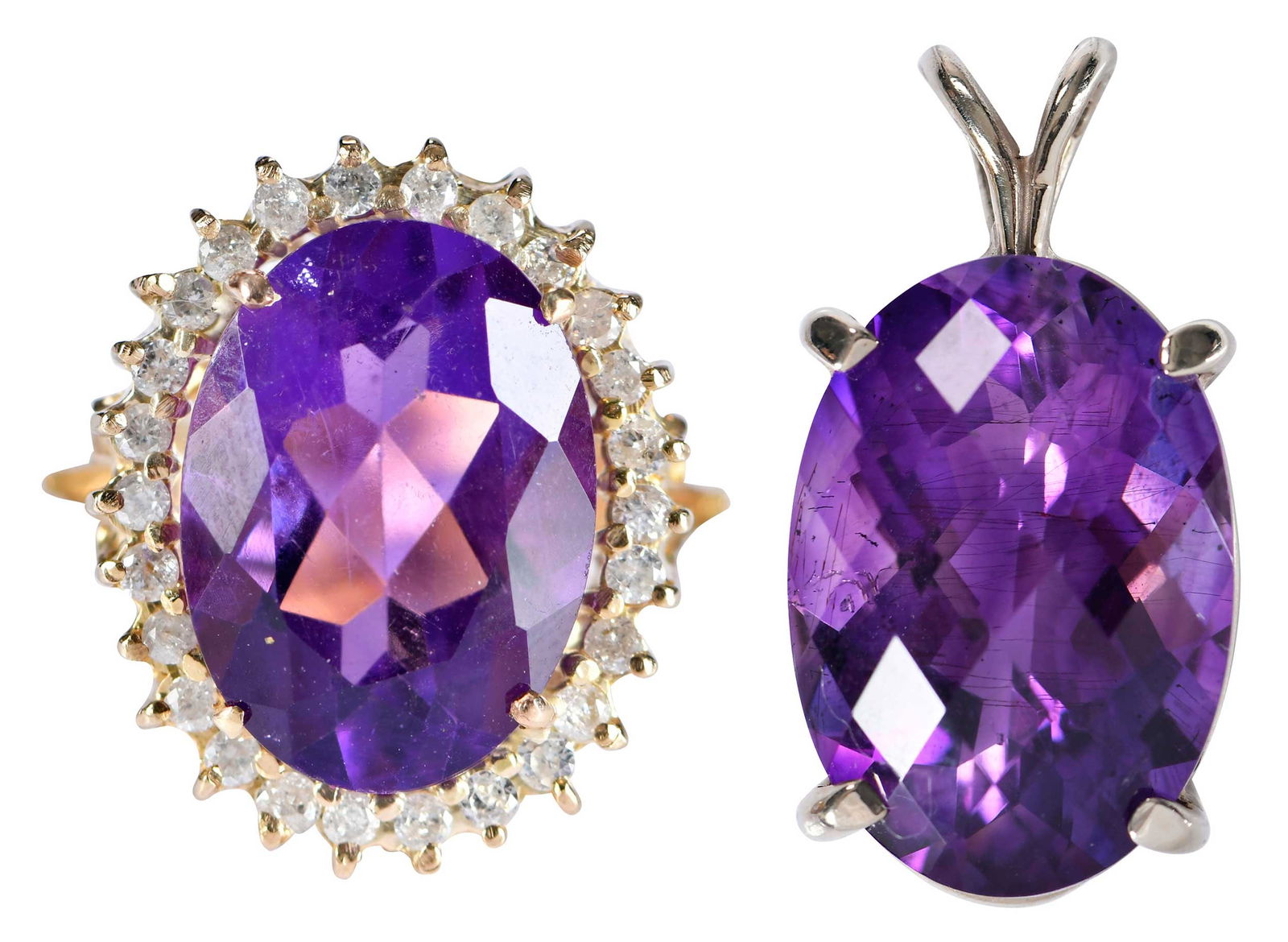 14kt. Solitaire Amethyst Pendant and Amethyst with Diamond Halo Ring: oval checkerboard cut amethyst, approx. 14.50ct., marked "14kt", yellow gold; oval full cut amethyst, approx. 5.00ct., 25 round full cut diamonds, approx. 0.60ctw., marked "14kt", yellow gold, 4-3/4 r