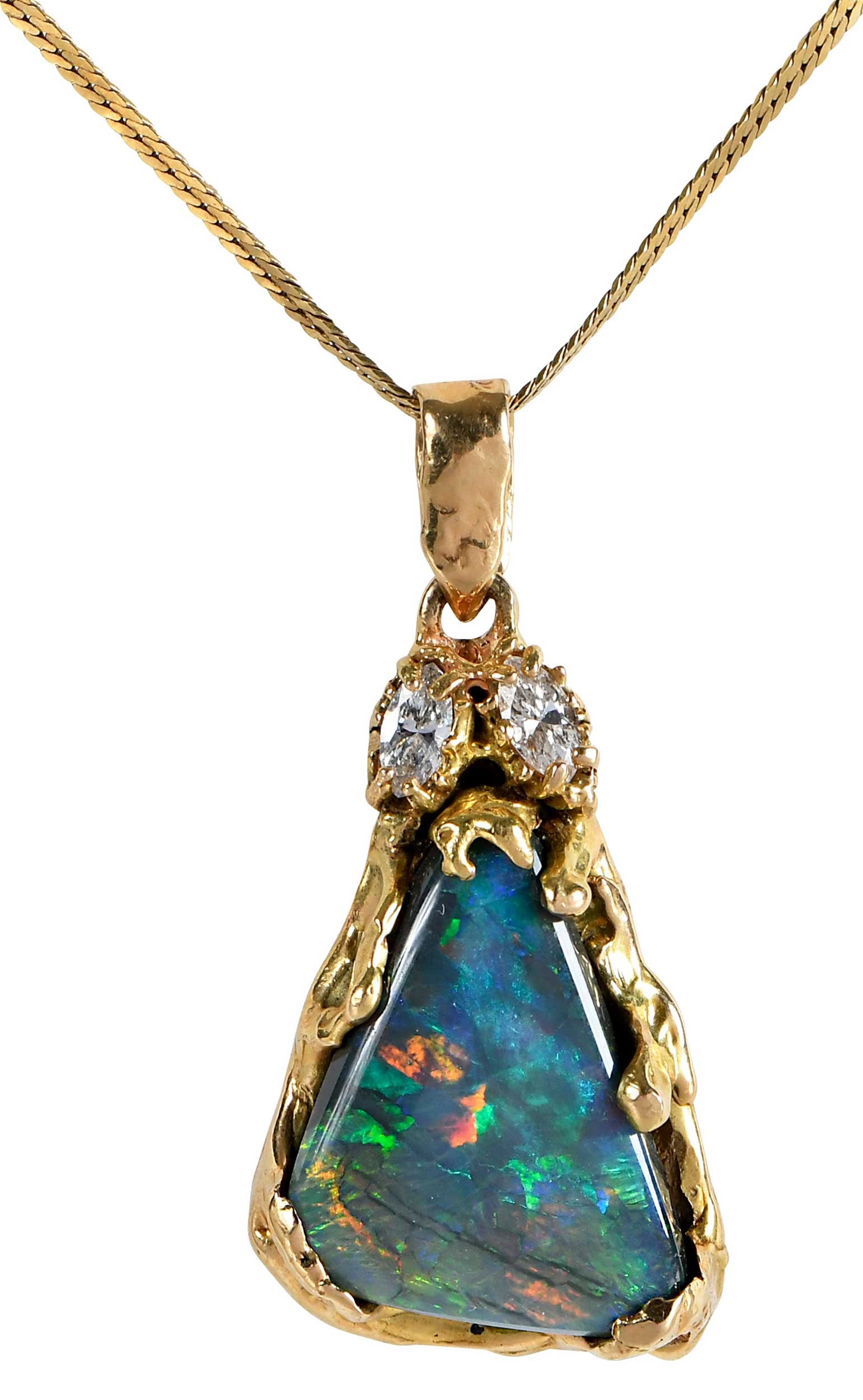 18kt. Freeform Opal and Diamond Necklace: cabochon cut opal, two marquise cut diamonds, approx. 0.50ctw., marked "18kt", yellow gold, 1-3/8 in. length including bale, curb link chain, marked "ITALY, 18kt", yellow gold, 18 in. length, total we