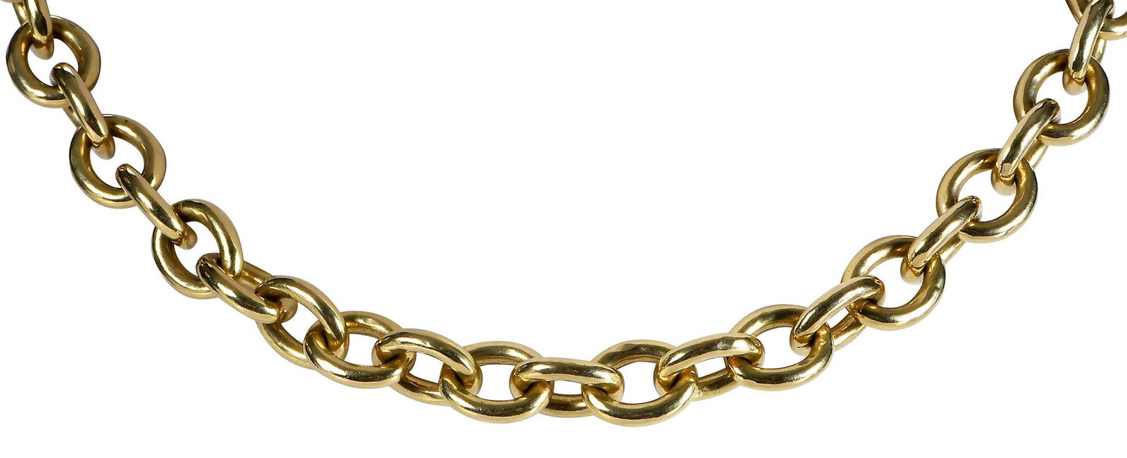 14kt. Large Solid Cable Link Chain: high polish, marked "585", yellow gold, 23 in. length, 9.0mm width, 109.0 g Provenance: Private Collection Note: Brunk Auctions does not guarantee the accuracy of metal content or purity. All referenc