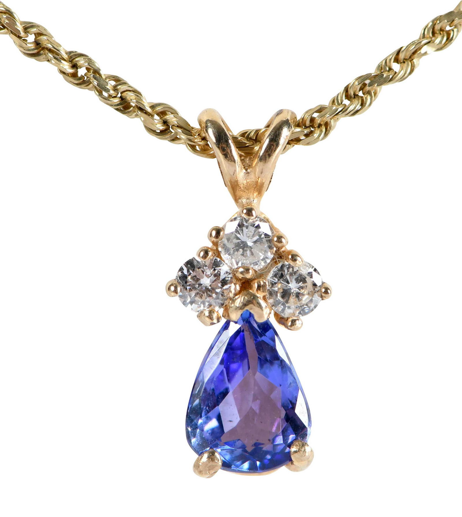 14kt. Tanzanite and Diamond Necklace: faceted pear cut tanzanite, approx. 1.40ct., three round brilliant cut diamonds, approx. 0.30ctw., tests 14kt. yellow gold, rope chain, marked "OR, 14K", yellow gold, 16 in., total weight 5.6 g Proven
