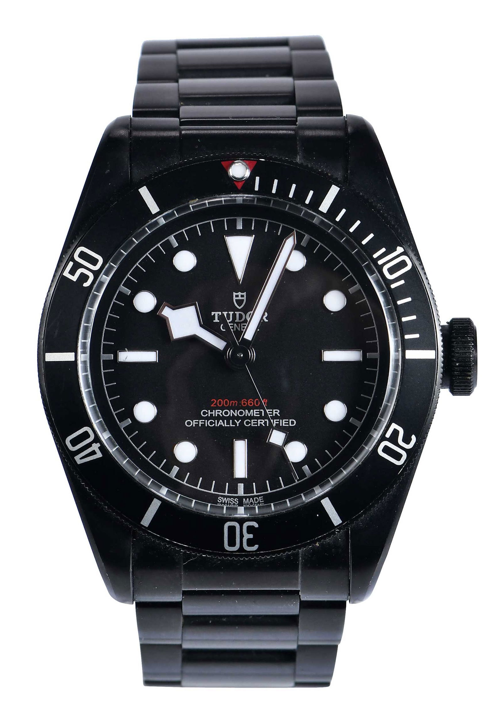 Tudor Heritage Black Bay Dark Watch: 41mm stainless steel case, matte black PVD coating, automatic movement MT5602, domed black dial, white hands and indices, reference 79230DK, serial I639711; bracelet black PVD treated stainless steel,