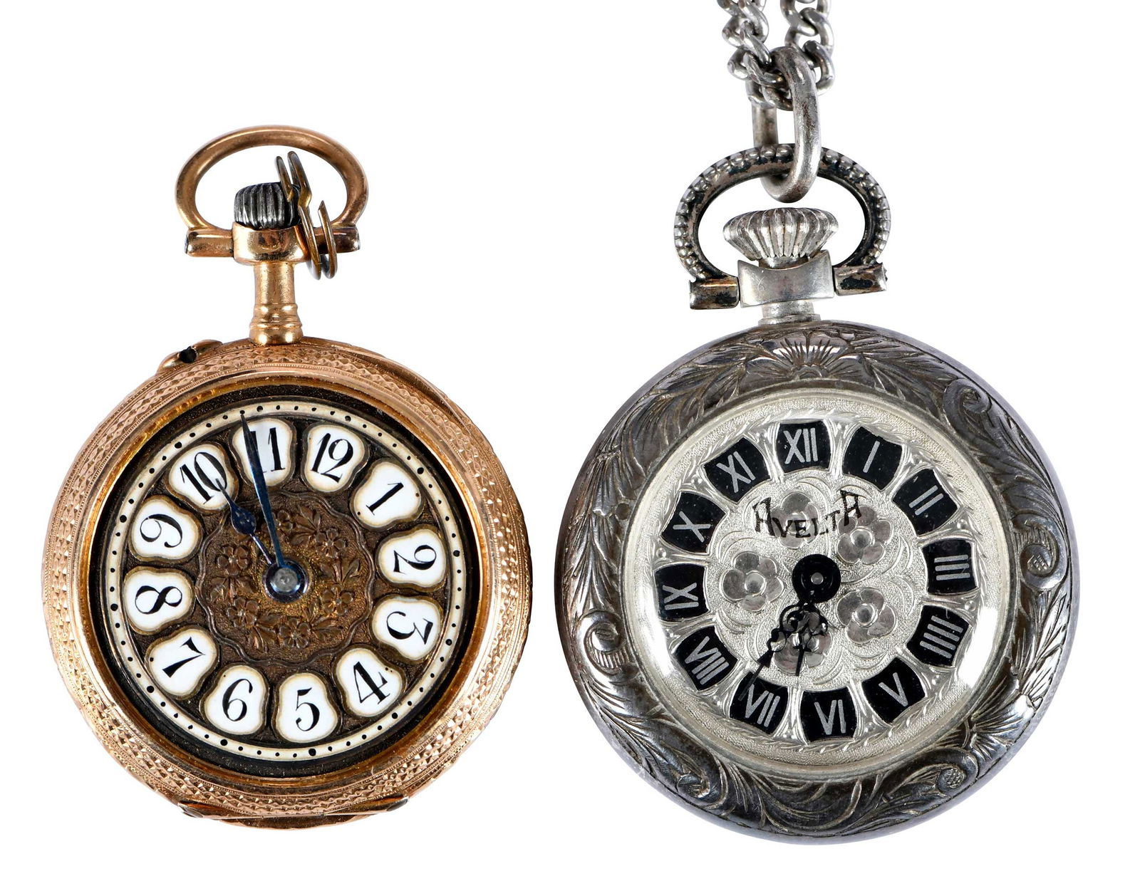 Two Ladies Ornate Pocket Watches, One 18kt. with Rose Cut Diamonds: 18kt. yellow gold, hand engraved back case, 15 rose cut diamonds, white enamel number markers, black Arabic numbers, 23mm dial, marked "Bozzo Angers", "62426", French metal mark, 18kt. yellow gold, 20