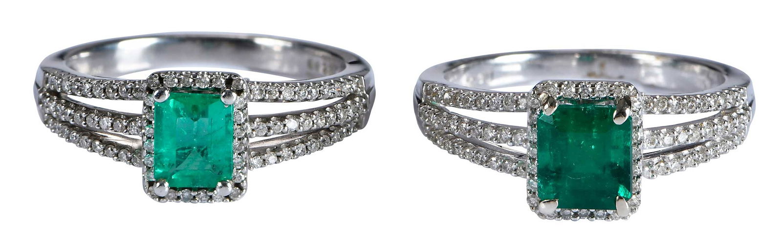 Two 14kt. Emerald and Diamond Triple Splint Rings: emerald cut emerald, approx. 1.00ct., accented with round full cut diamonds, marked "14K", white gold, 6-1/2 ring sz., 3.8 g; emerald cut emerald, approx. 0.50ct., accented with round full cut
