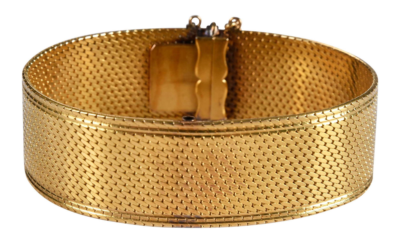 22kt. Antique Wide Mesh Bracelet: high polish, tests 22kt. yellow gold, 6 in. inside measurement, 19.0mm wide, 54.4 gProvenance: Private Asheville, North Carolina CollectionNote: Brunk Auctions does not guarantee the accuracy of