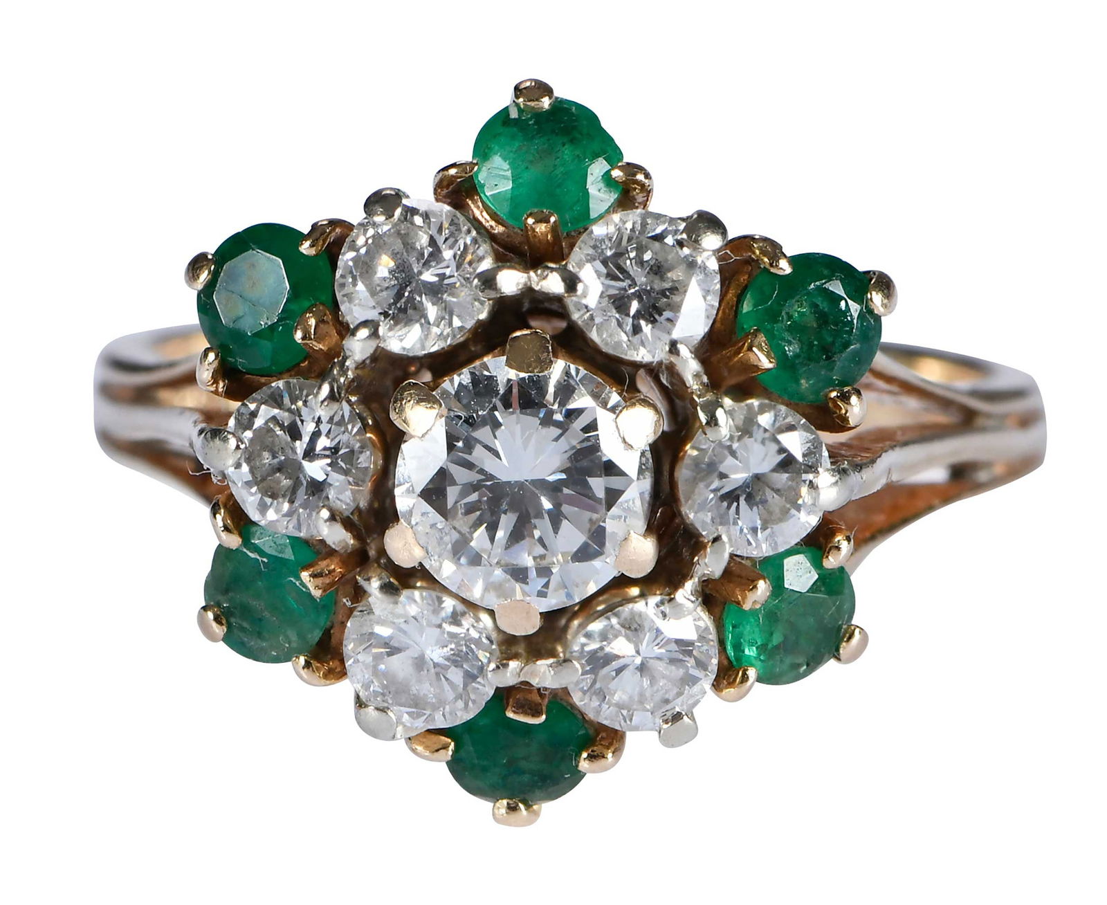 14kt. Vintage Diamond and Emerald Ring: center round brilliant cut diamond, approx. 0.50ct., VS, G-I, six round brilliant cut diamonds, approx. 0.90ctw., VS-SI, G-I, six round full cut emeralds, approx. 0.60ctw., marked "14k, VC", yellow