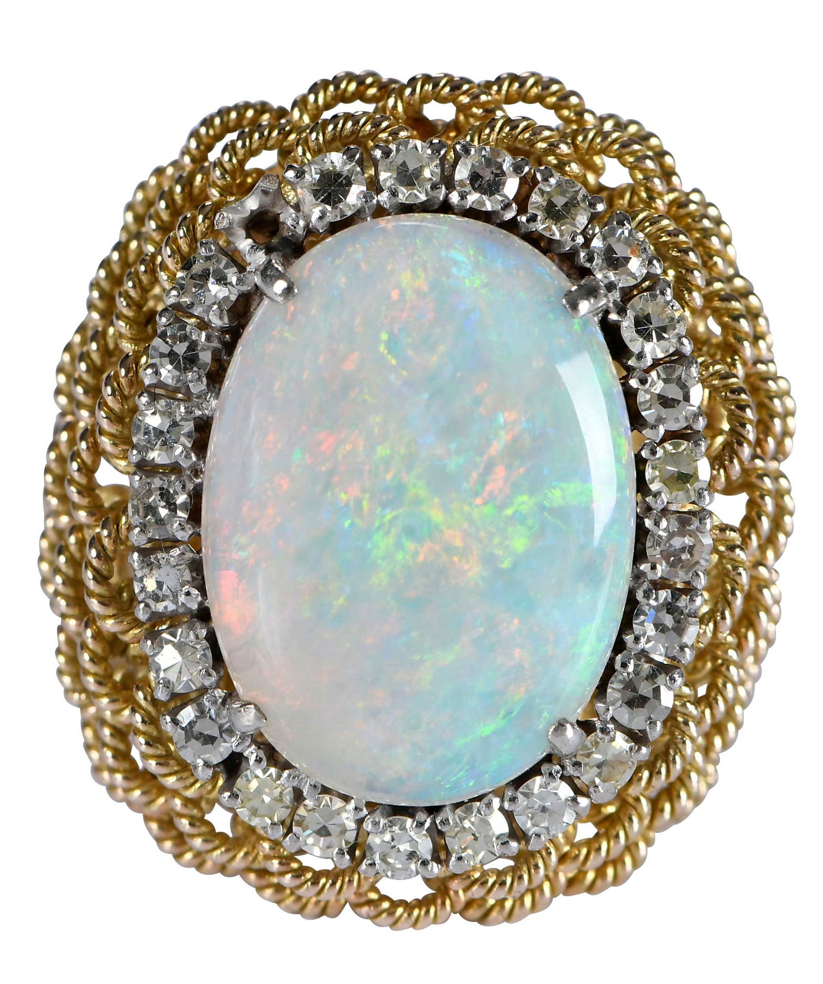 14kt. Vintage Opal and Diamond Scalloped Cocktail Ring: oval cabochon cut opal, approx. 17.5mm x 13.0mm, 24 round single cut diamonds, marked "14kt", yellow gold and white gold, 7-1/4 ring sz., textured finish, 13.0 g Provenance: Private Collection Note: B
