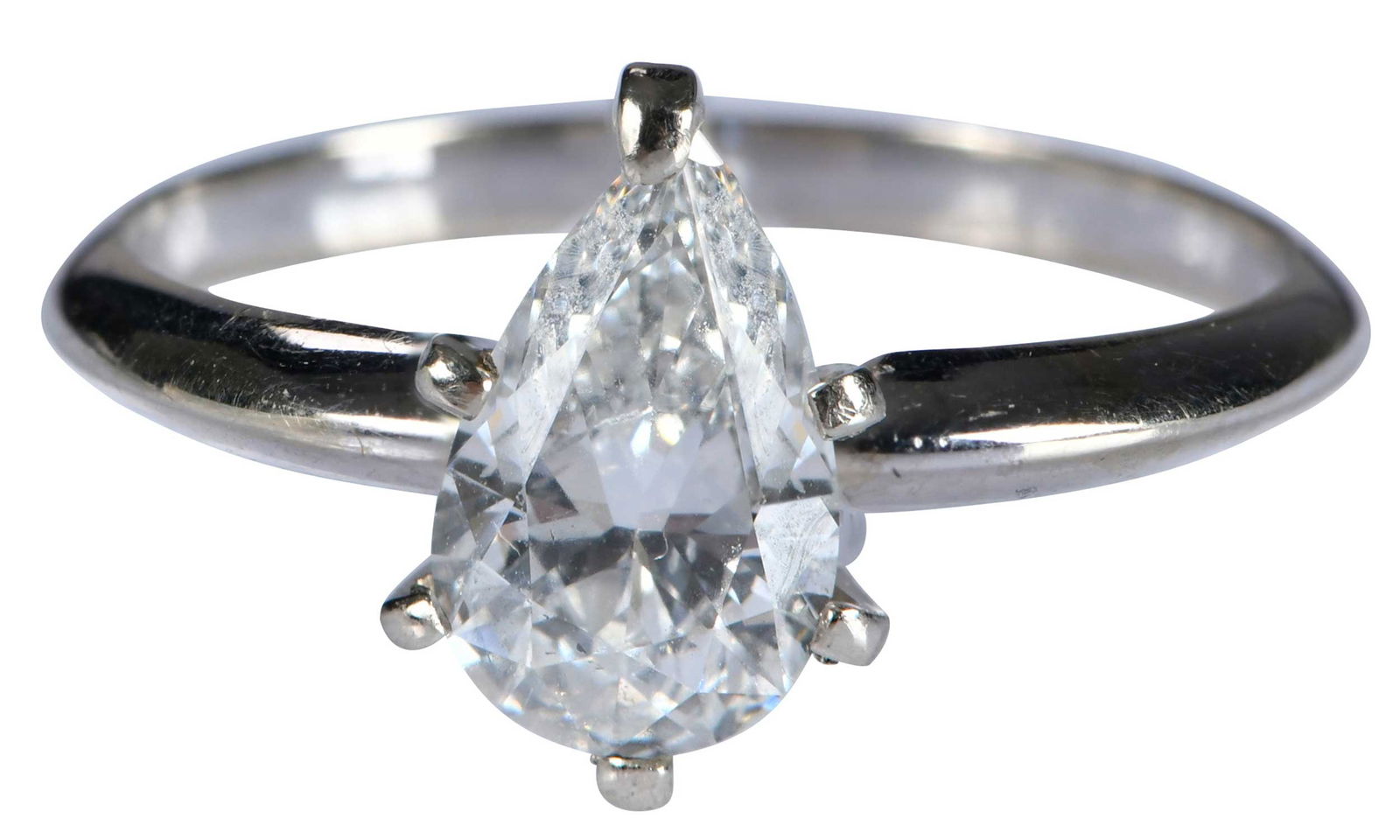 14kt. Solitaire Pear Shape Diamond Ring: pear cut diamond, approx. 1.00ct., SI, I-J, marked "14K", white gold, six prong, 6-1/2 ring sz., 2.2 g Provenance: Estate of Linda Sargent Thompson, Historic Sesame Lodge, North Augusta, South Carolin