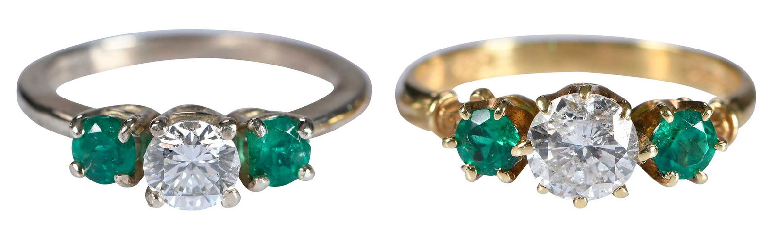 Two 14kt. Three Stone Rings, Emerald and Diamonds (1 of 7)