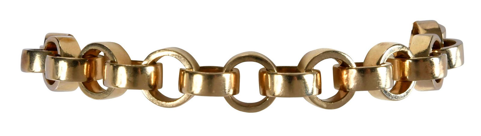 14kt. Wide Rolo Link Men's Bracelet: high polish, marked "14K", yellow gold, 8-3/4 in. length, 11.0mm width links, 76.4 g Provenance: Private Collection Note: Brunk Auctions does not guarantee the accuracy of metal content or purity. All