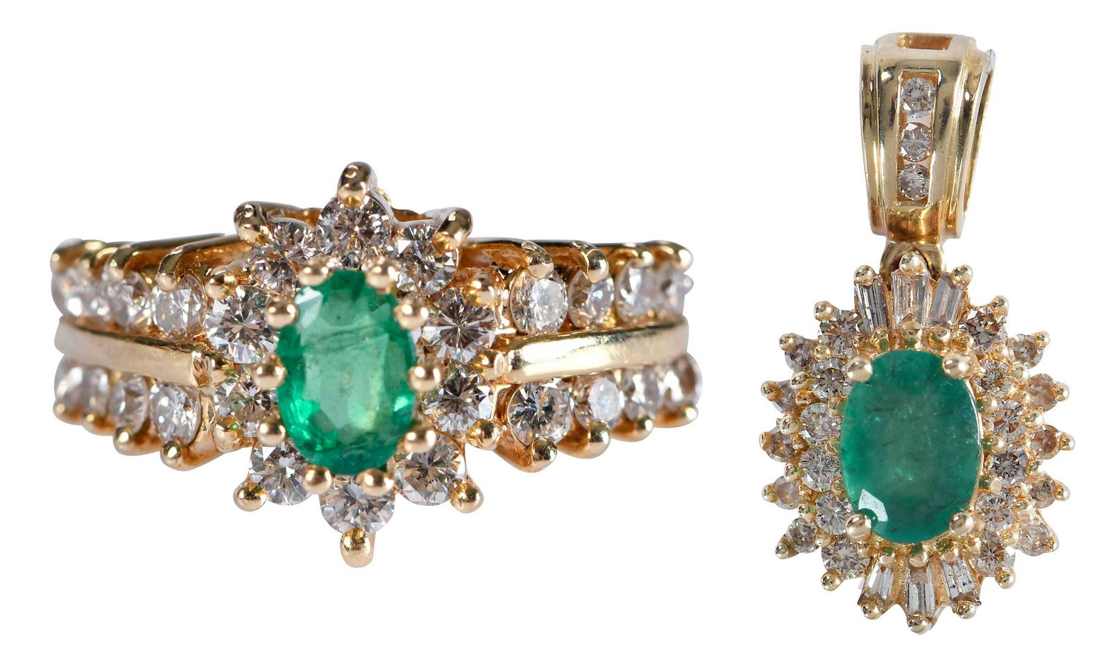 14kt. Emerald and Diamond Pendant and Ring: oval faceted emerald, approx. 0.25ct., 26 round full cut diamonds, marked "GGP, 14K" yellow gold, 6-1/4 ring sz.; oval faceted emerald, approx. 0.75ct., accented by straight, tapered, and round full c