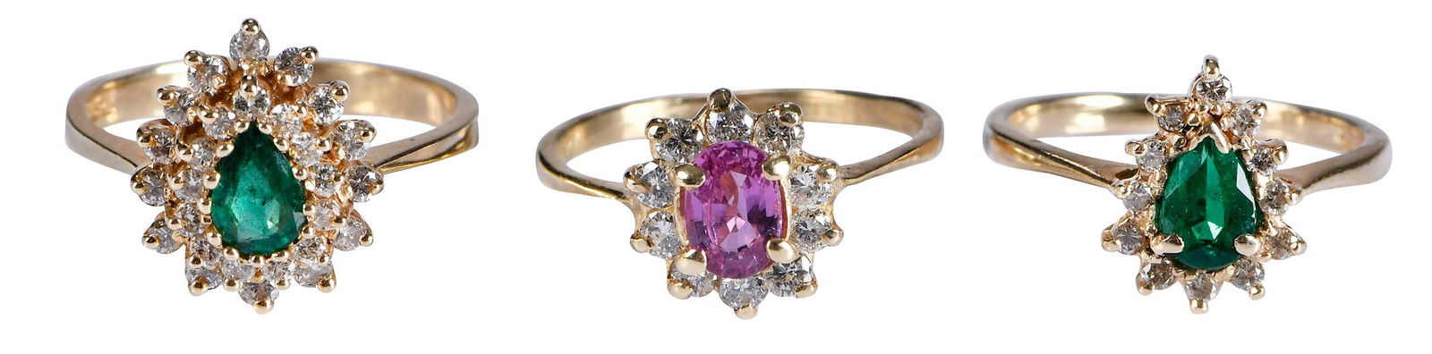 Three 14kt. Colored Gemstones and Diamond Halo Rings: pear full cut emerald, approx. 0.50ct., double halo of round full cut diamonds, approx. 0.40ctw., marked "GGP, 14K", yellow gold, 6 ring sz.; pear full cut emerald, approx. 0.60ct., halo of round full