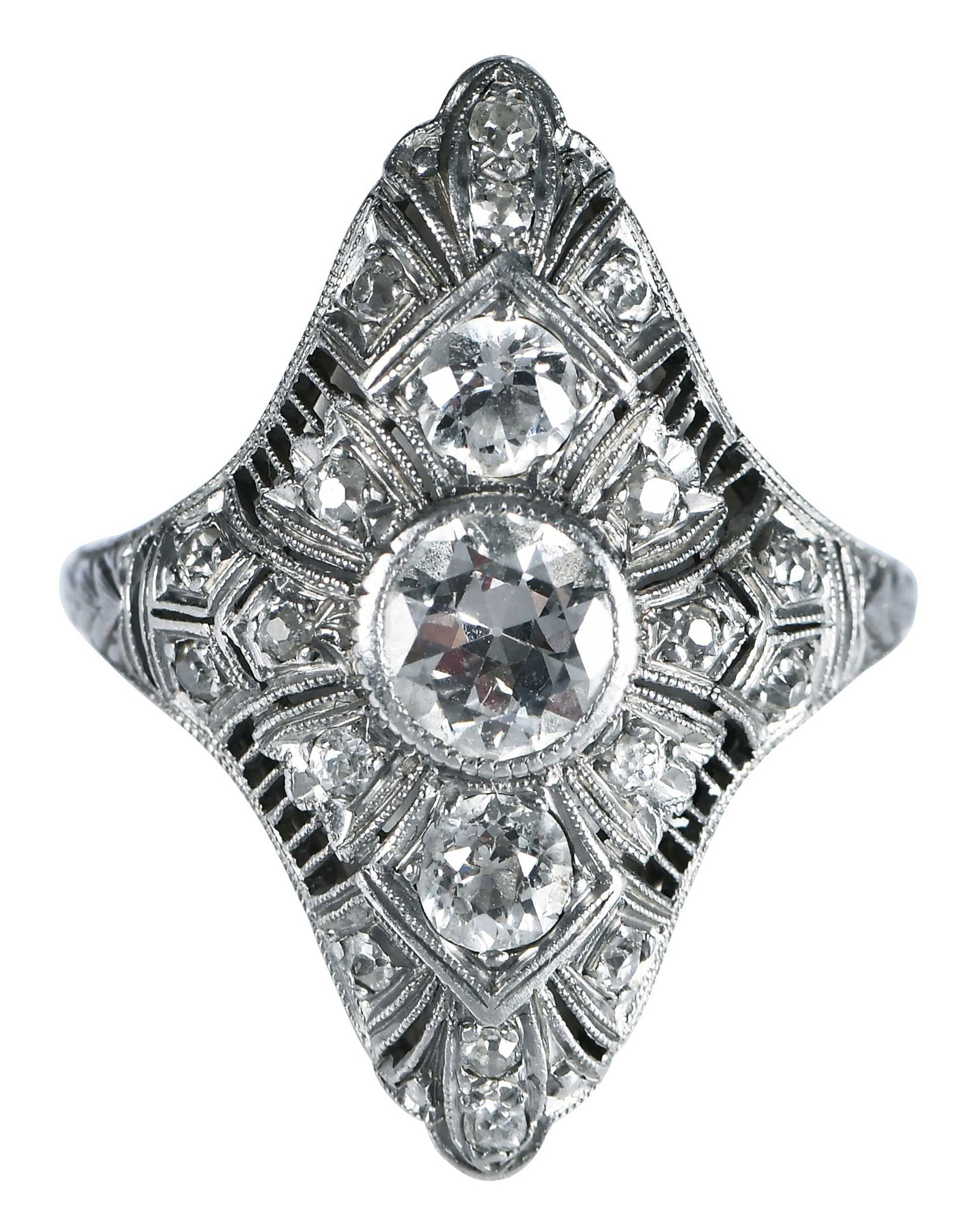 Platinum Art Deco Openwork Diamond Ring: center round full cut diamond, approx. 0.75ct., VS-SI, H-J, 20 accented old European cut diamonds, marked "900PLAT, .100 IRD", platinum, 7 ring sz., 4.7 gProvenance: Private CollectionNote: Diamonds