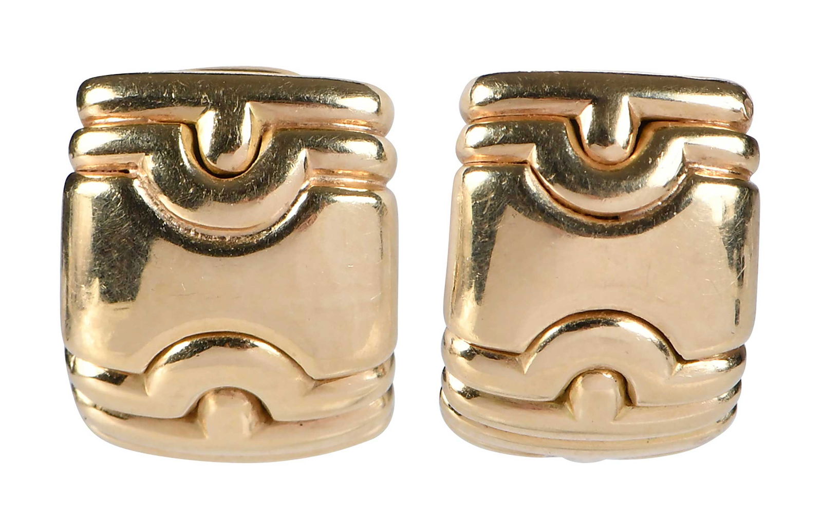 18kt. Bulgari "J" Hoop Earrings: geometric design, marked "Bulgari, 750", yellow gold, 18.5mm length, 13.0mm wide, 18.6 g Provenance: Private Collection, North Carolina Note: Brunk Auctions does not guarantee the accuracy of metal co
