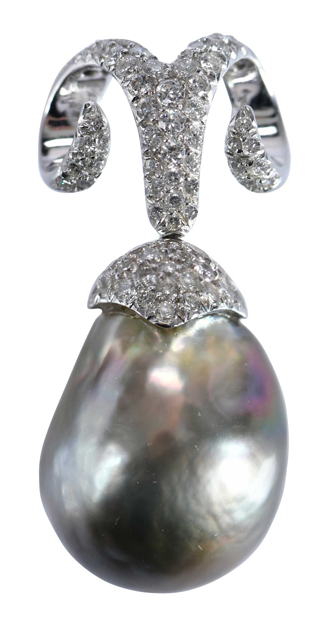 18kt. Giant Baroque Tahitian Pearl and Diamond Drop Pendant: pave set, white round full cut diamonds, VS, G-H, pearl size approx. 21.6mm x 16.2mm, marked "AG, 18K", white gold, 1-5/8 in. drop, 10.4 gProvenance: Private Collection, North CarolinaNote: Brunk