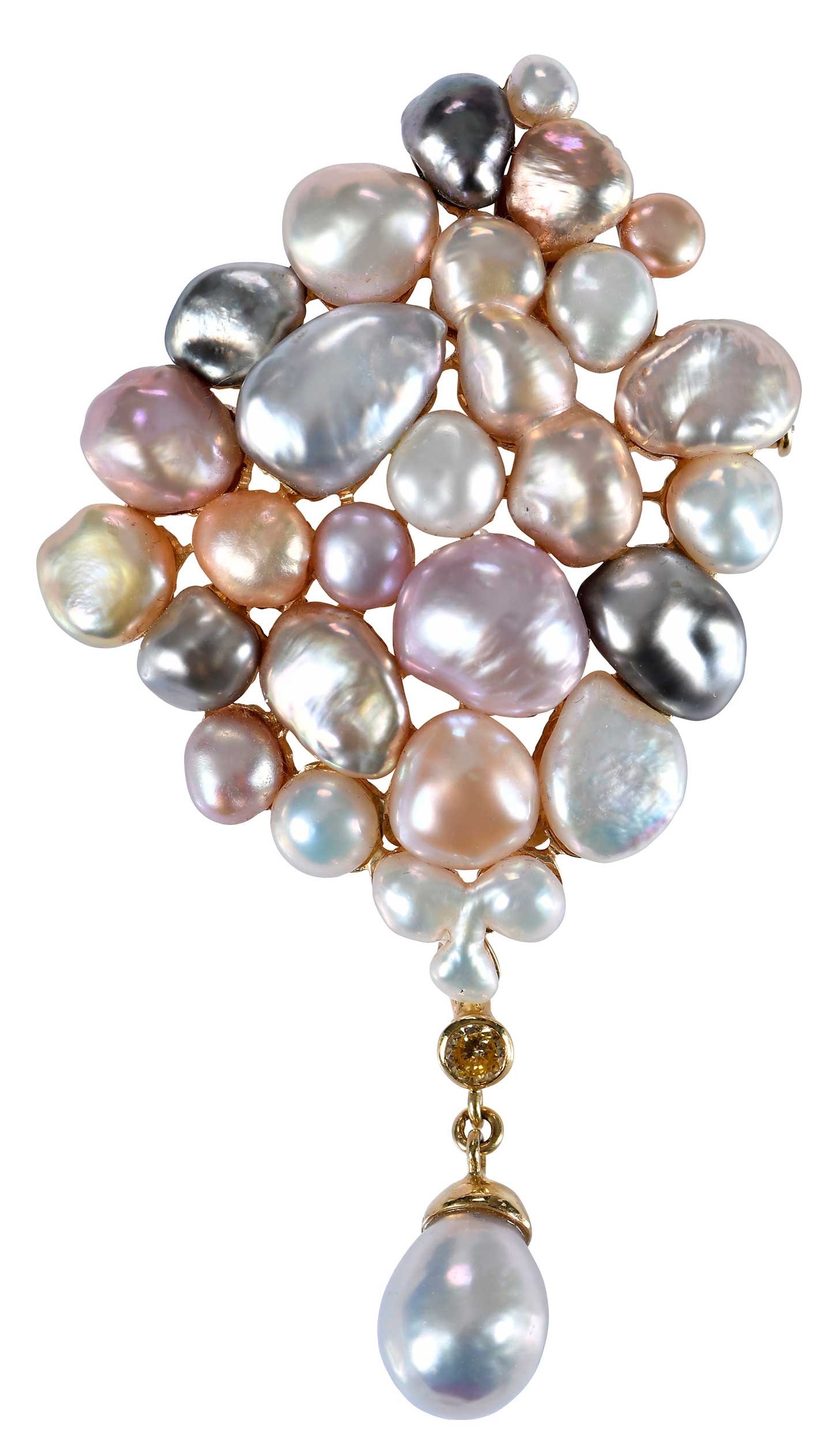 18kt. Multi Colored Baroque Freshwater Pearl Brooch, By Nadine: cluster of pearls, pink, peach, metallic blue, white, gray, golden, one pear shaped light grey pearl drop, one round full cut diamond, fancy yellow in color, marked "18K, Nadine", yellow gold, 3 in. l