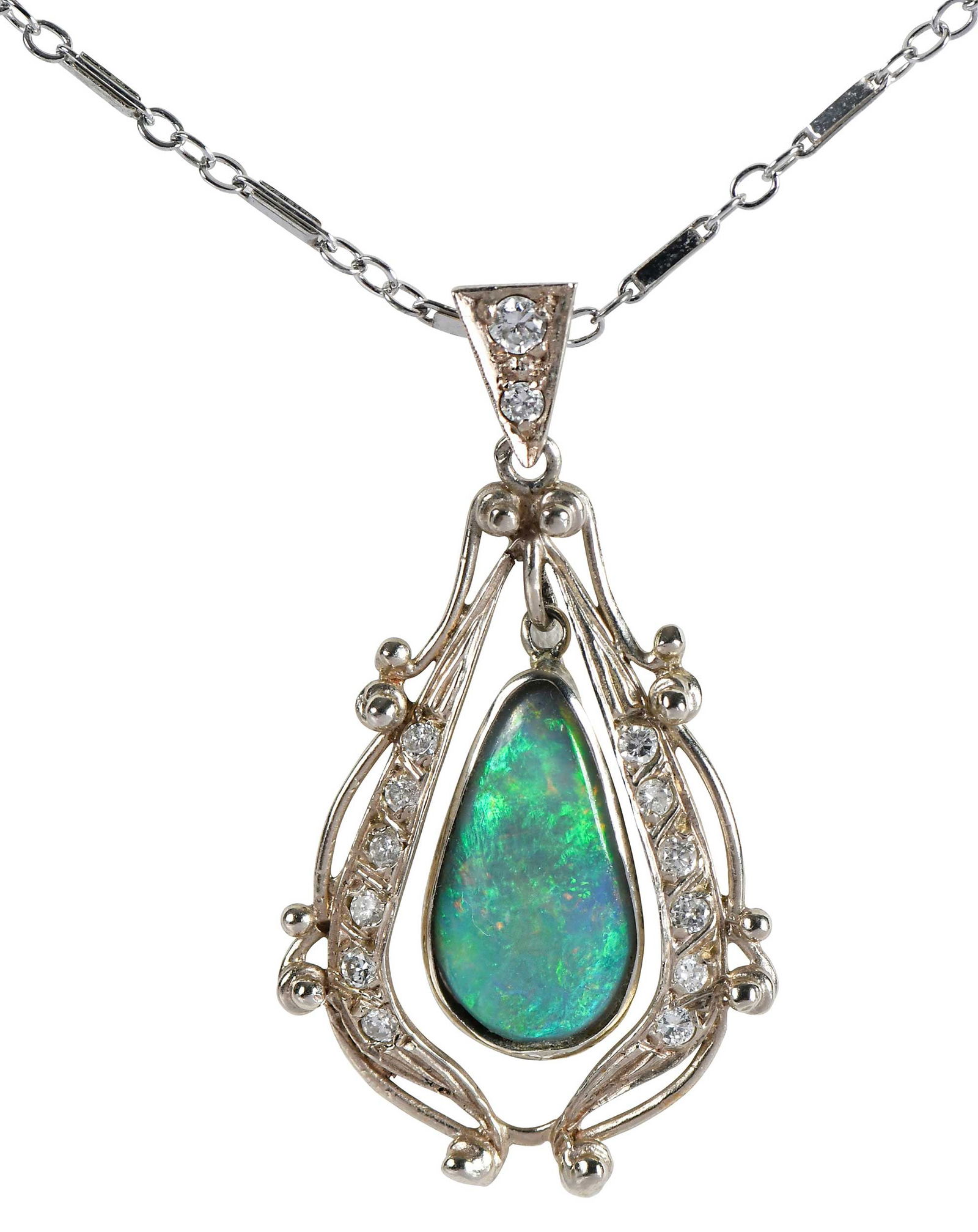 14kt. Vintage Opal and Diamond Accented Drop Necklace: pear shape cabochon cut opal, 14 round full cut diamonds, marked "14kt", white gold, 1-3/8 in. length including bale, bar link chain, marked "14kt", white gold, 17 in. length, total weight 5.6