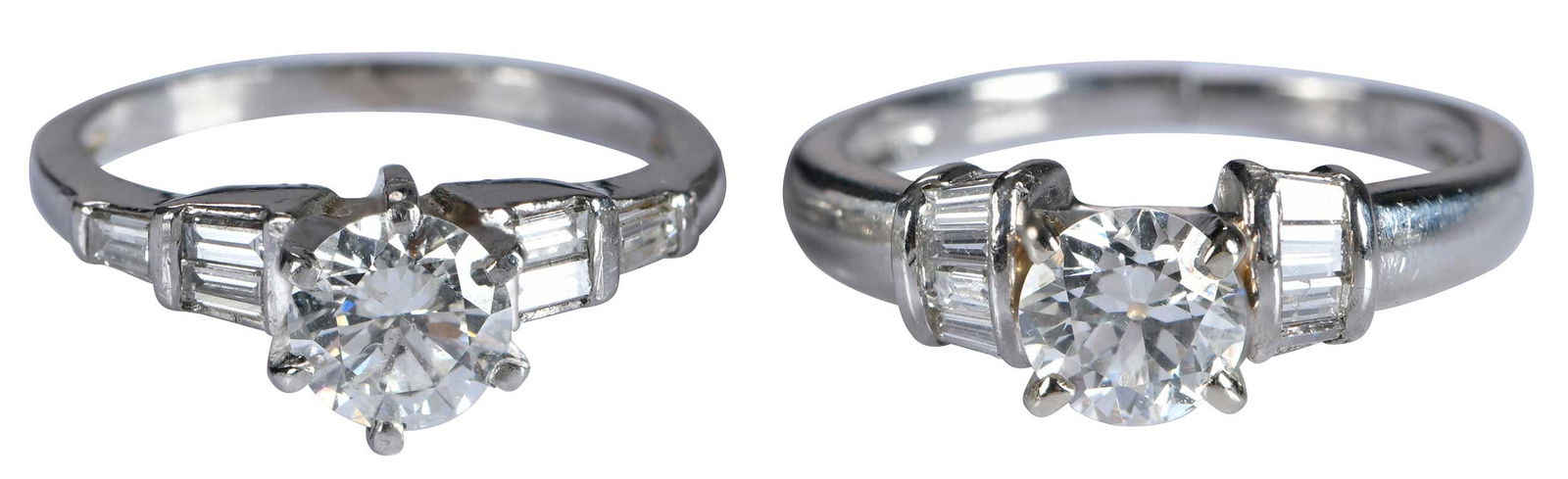 Two Platinum Diamond Rings with Baguette Diamond Accents: round brilliant cut diamond, approx. 0.75ct., SI, H-J, flanked by six straight baguette cut diamonds, approx. 0.20ctw., marked "PT950", platinum, six prongs, 5-1/4 ring sz.; round brilliant cut