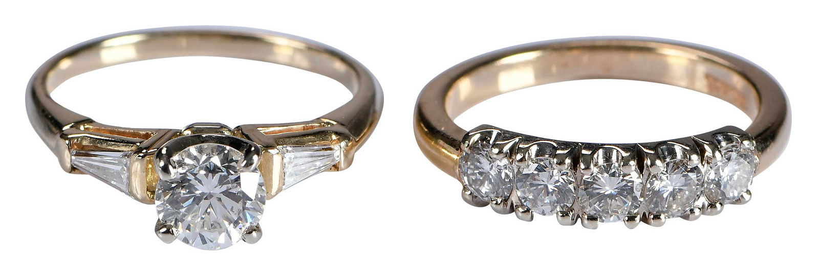 14kt. Diamond Wedding Set, Engagement Ring and Wedding Band: center round brilliant cut diamond, approx. 0.75ct., VS2-SI1, I-J, flanked by two tapered baguette cut diamonds, approx. 0.30ctw., marked "14K", yellow gold, 5-3/4 ring sz., 3.0 g; five round